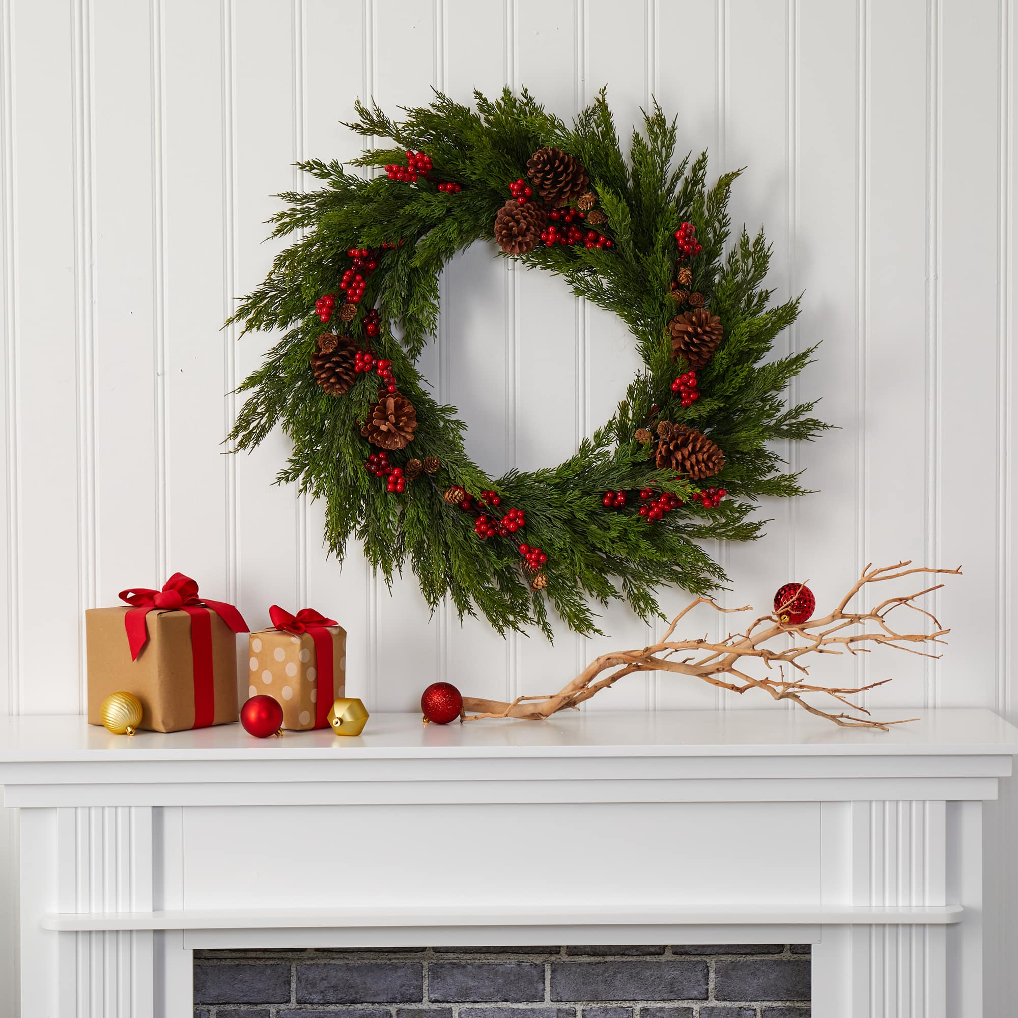 2.6ft. Cypress with Berries & Pinecones Wreath