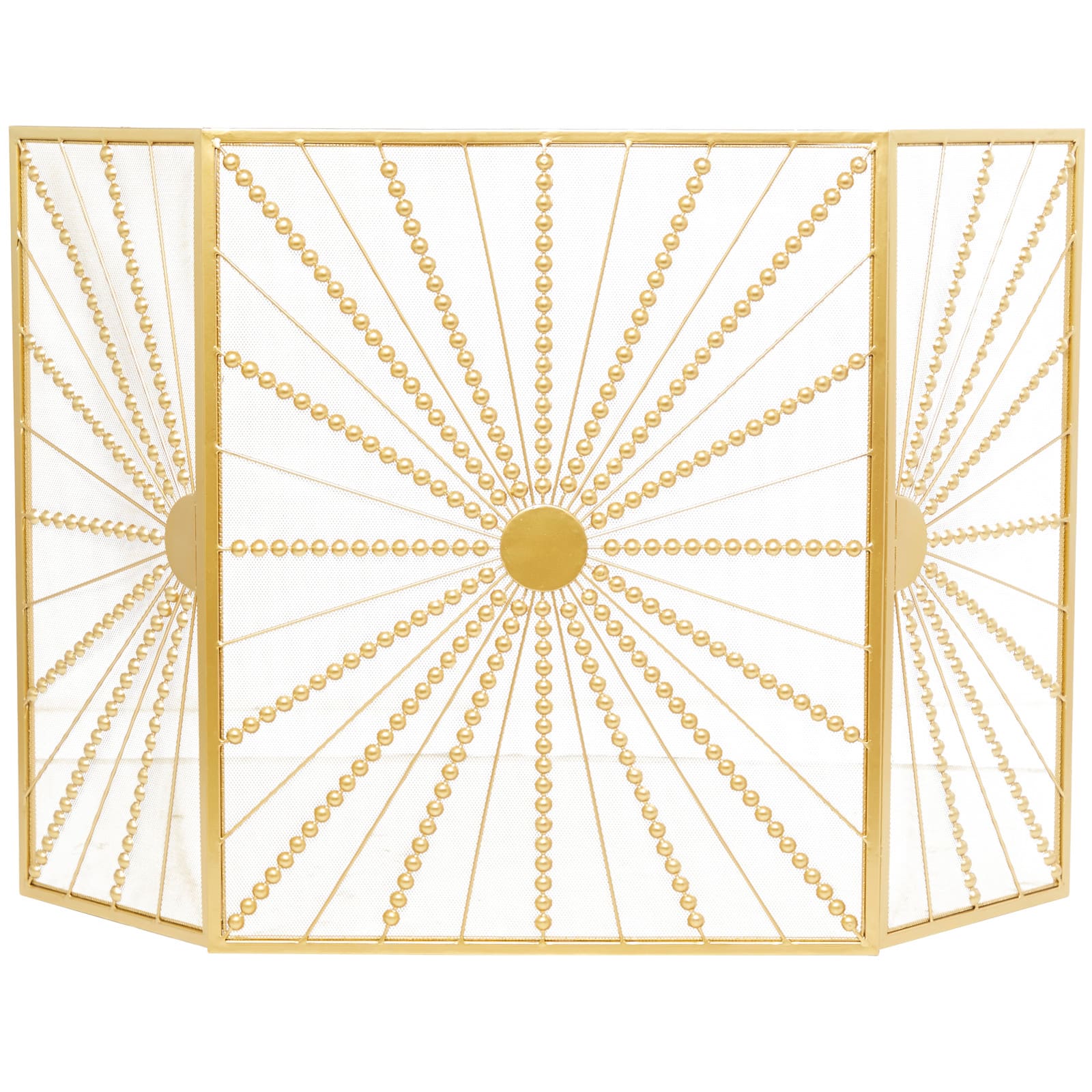 Gold Metal Foldable 3-Panel Starburst Fireplace Screen with Bead Inspired Rays