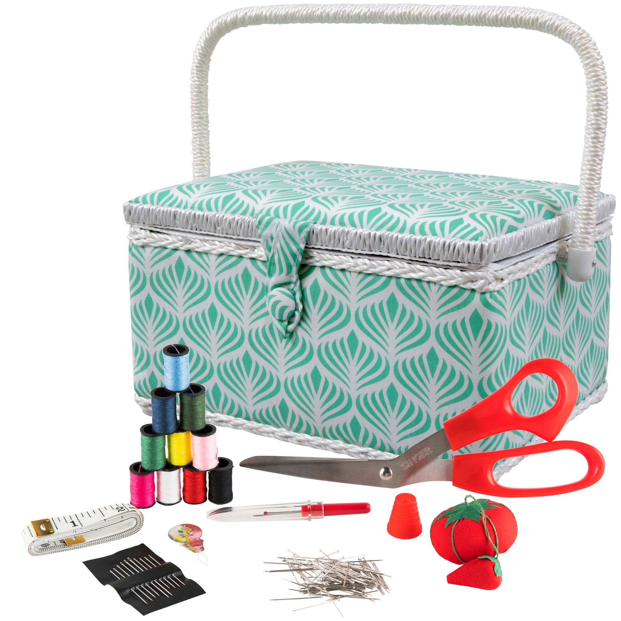 SINGER® Large Blue Boho Fan Print Sewing Basket with Sewing Scissors & Notions
