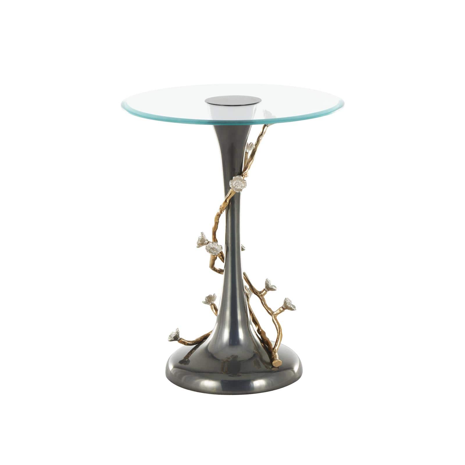 22.75" Black Aluminum Floral Twisted Vine Accent Table with Gold & Silver Accents & Glass Tabletop