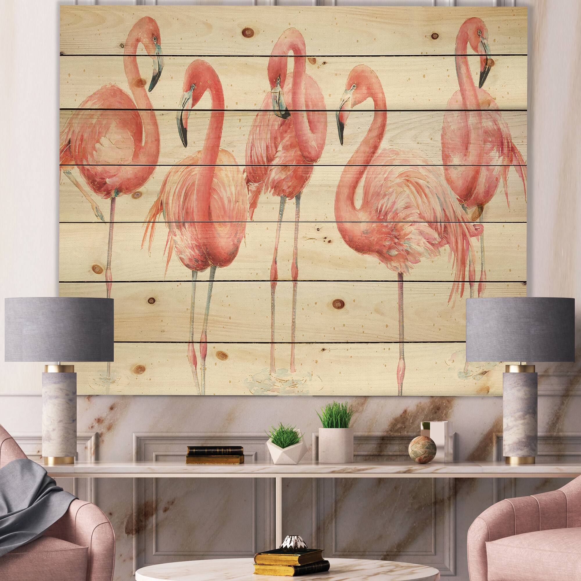 Designart - Gracefully Pink Shabby flamingo - Farmhouse Print on Natural Pine Wood