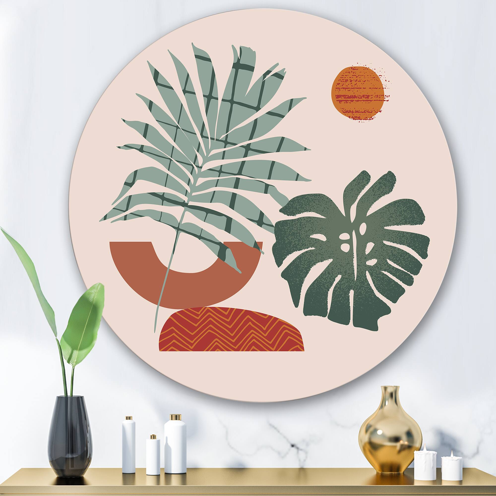 Designart - Moon & Sun Shapes In Retro Green & Terracotta Tone - Modern Metal Circle Wall Art