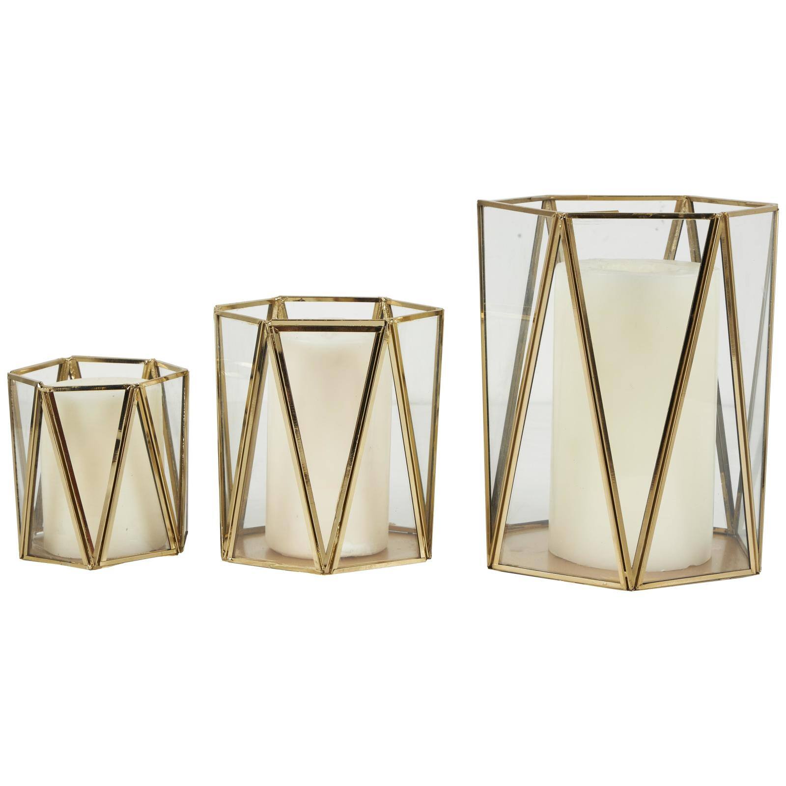 CosmoLiving by Cosmopolitan Gold Geometric Hexagon Candle Lantern Set