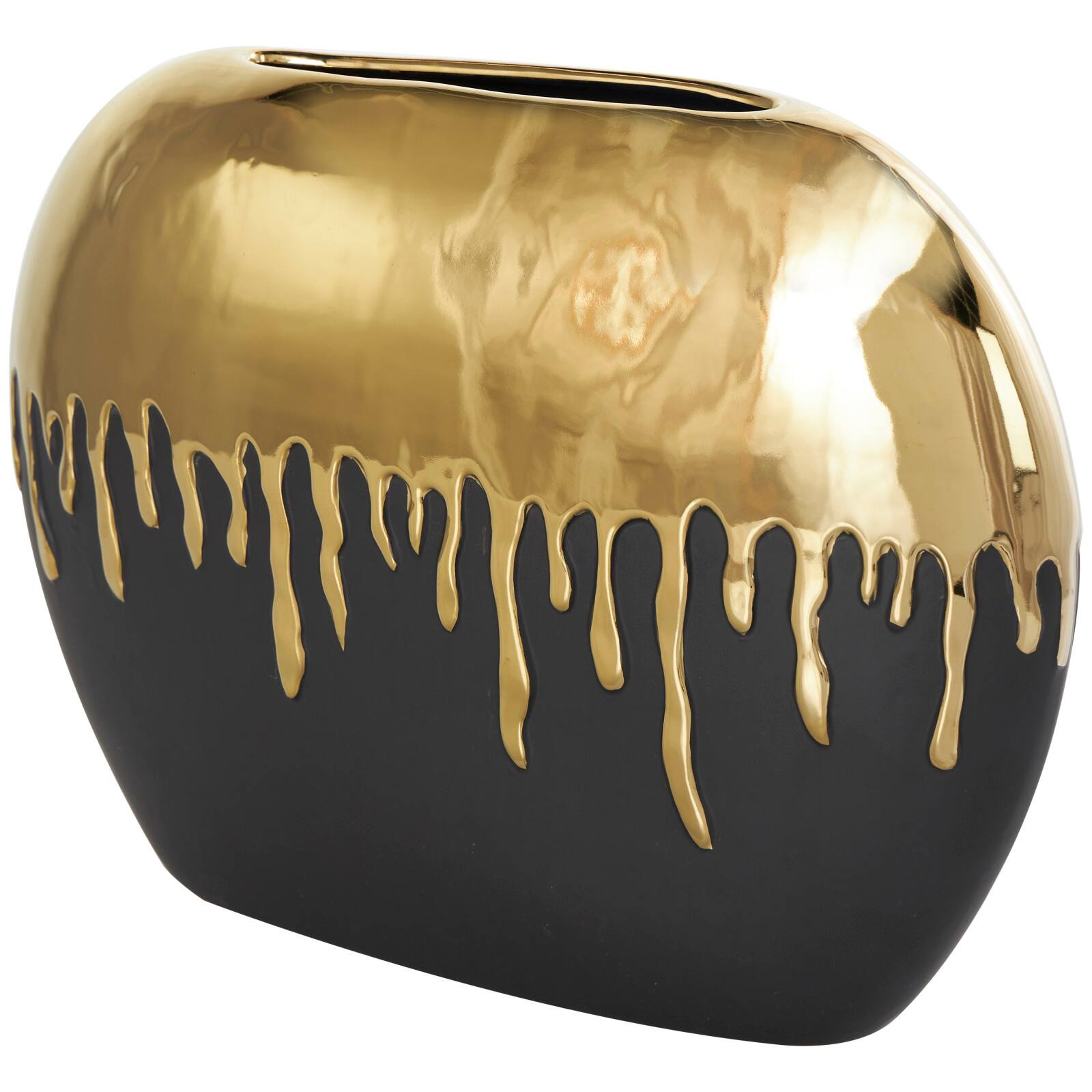 CosmoLiving by Cosmopolitan 11" Black Ceramic Vase with Abstract Gold Melting Drips