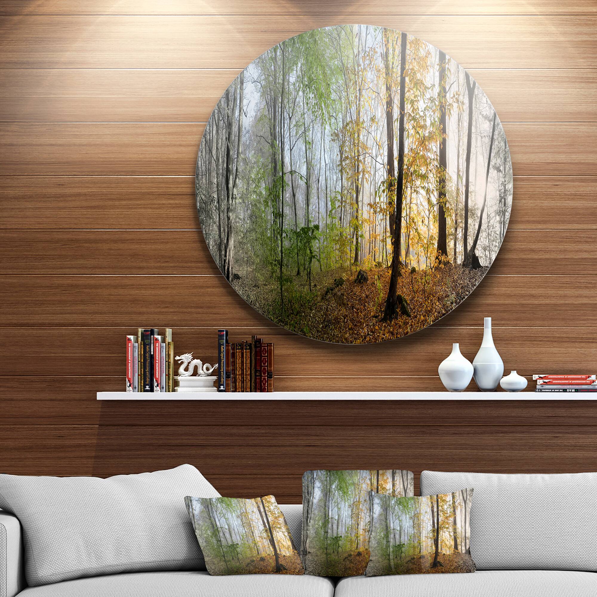 Designart - Morning Forest Panoramic View' Landscape Photography Circle Metal Wall Art