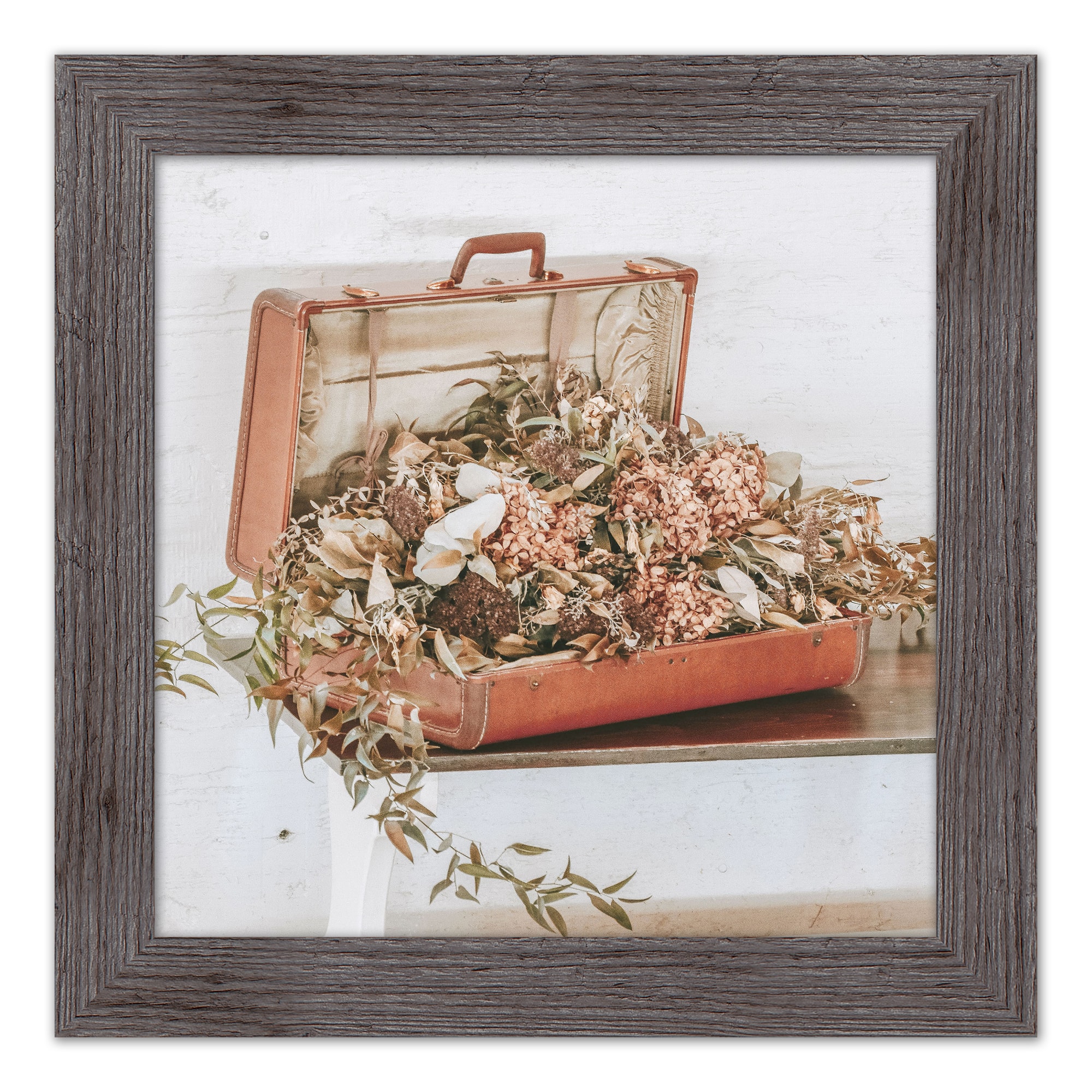 Suitcase Hydrangeas 16" x 16" Western Gray Framed Print