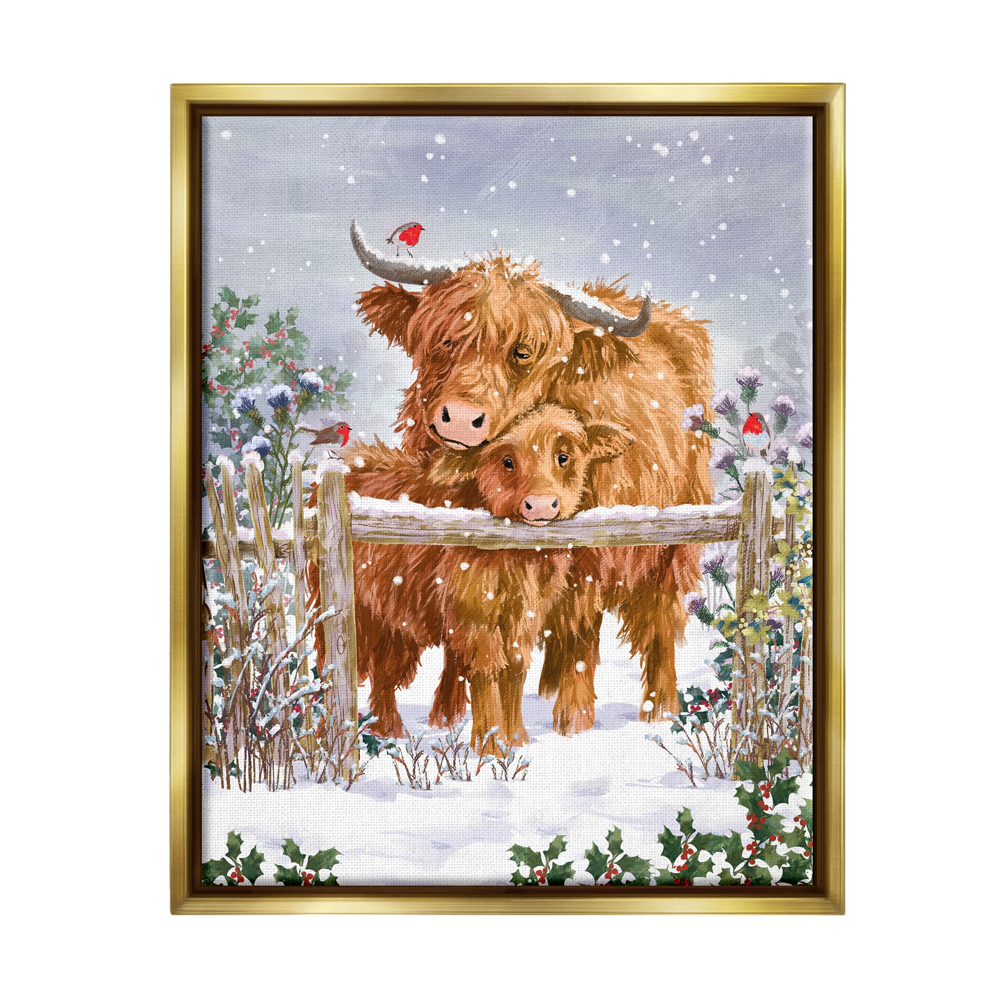 Stupell Industries Winter Cattle Cuddling Snow Scene Framed Floater Canvas Wall Art