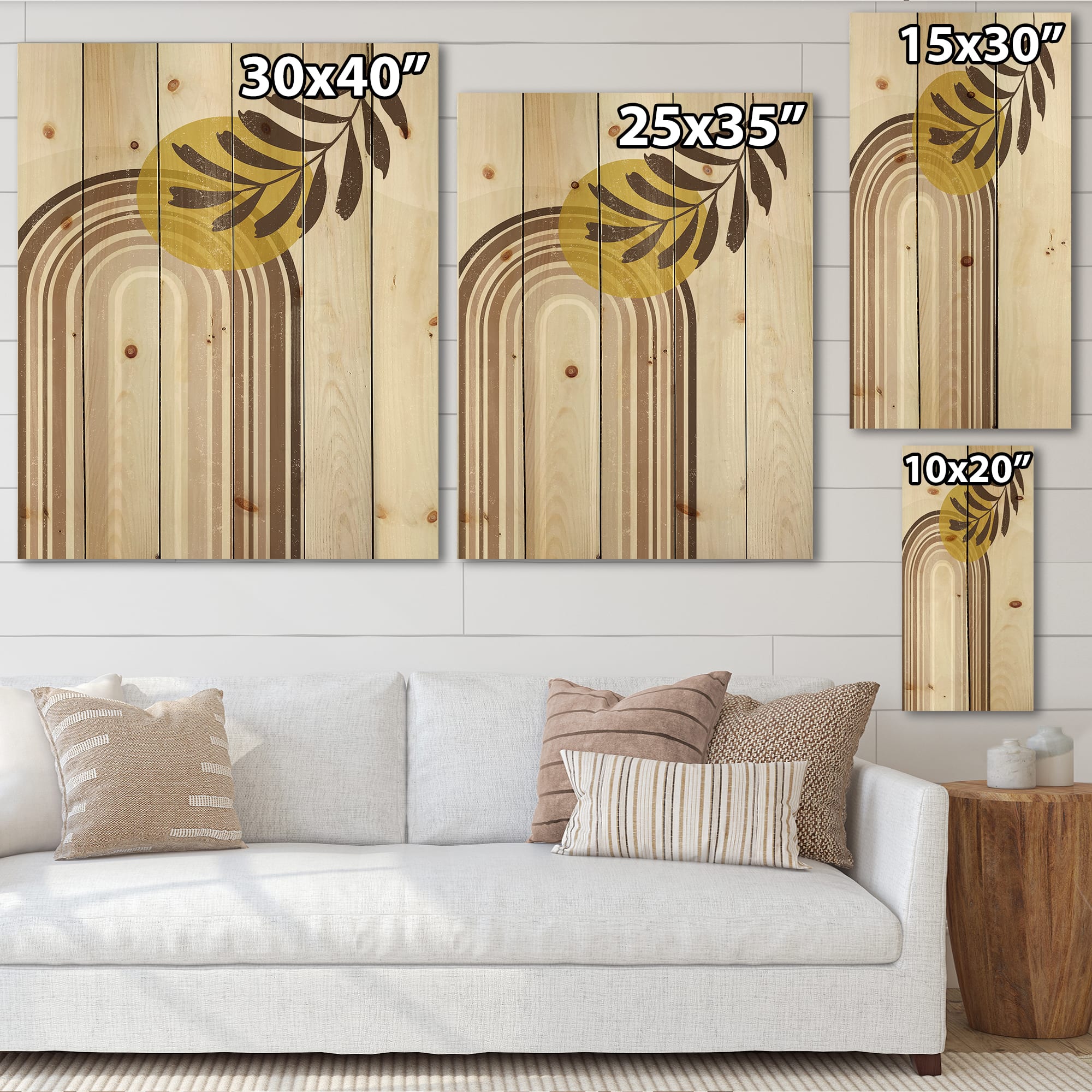 Designart - Abstract Sun and Moon With Leaf In Earth Tones - Modern Print on Natural Pine Wood