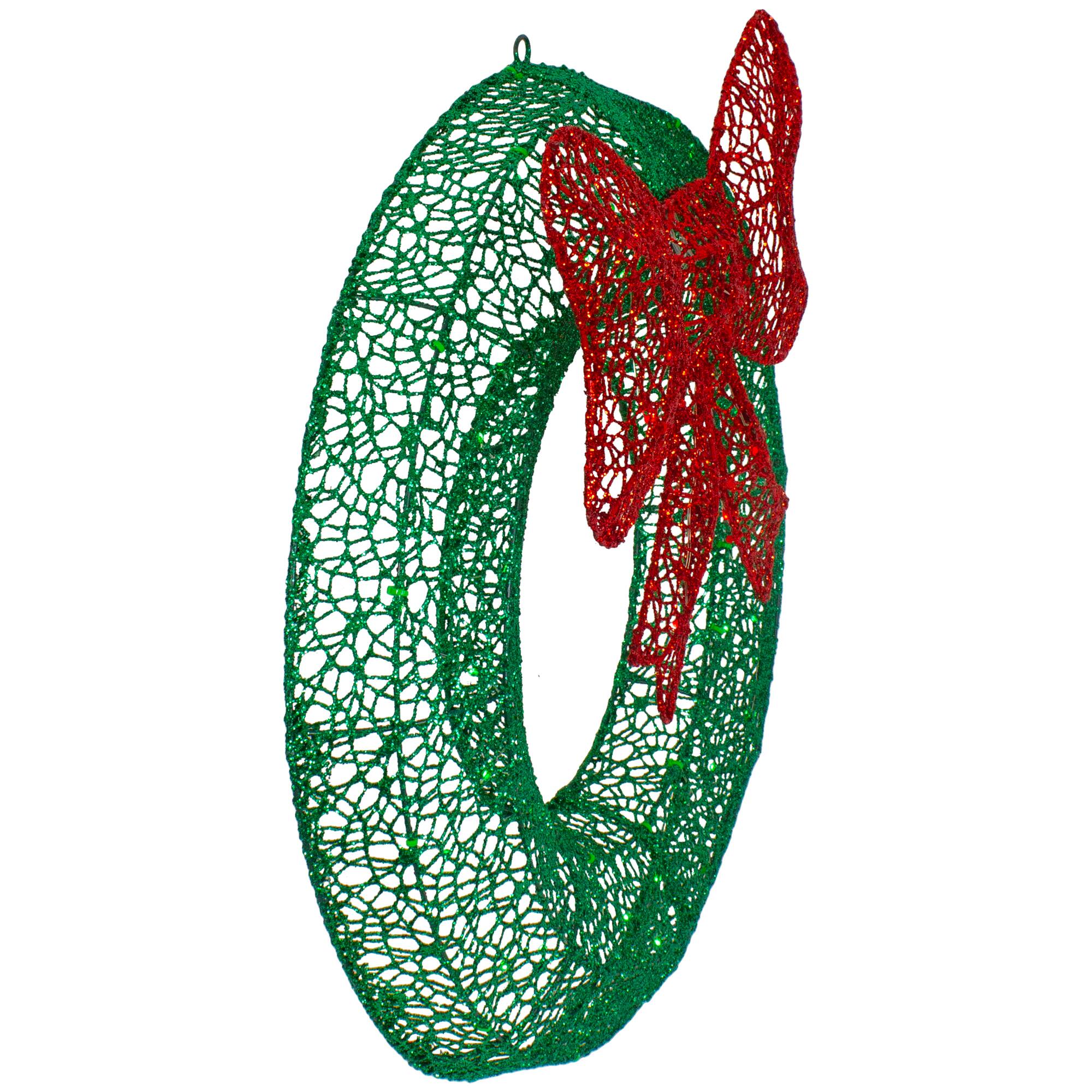24" LED Green Glitter Wreath with Red Bow