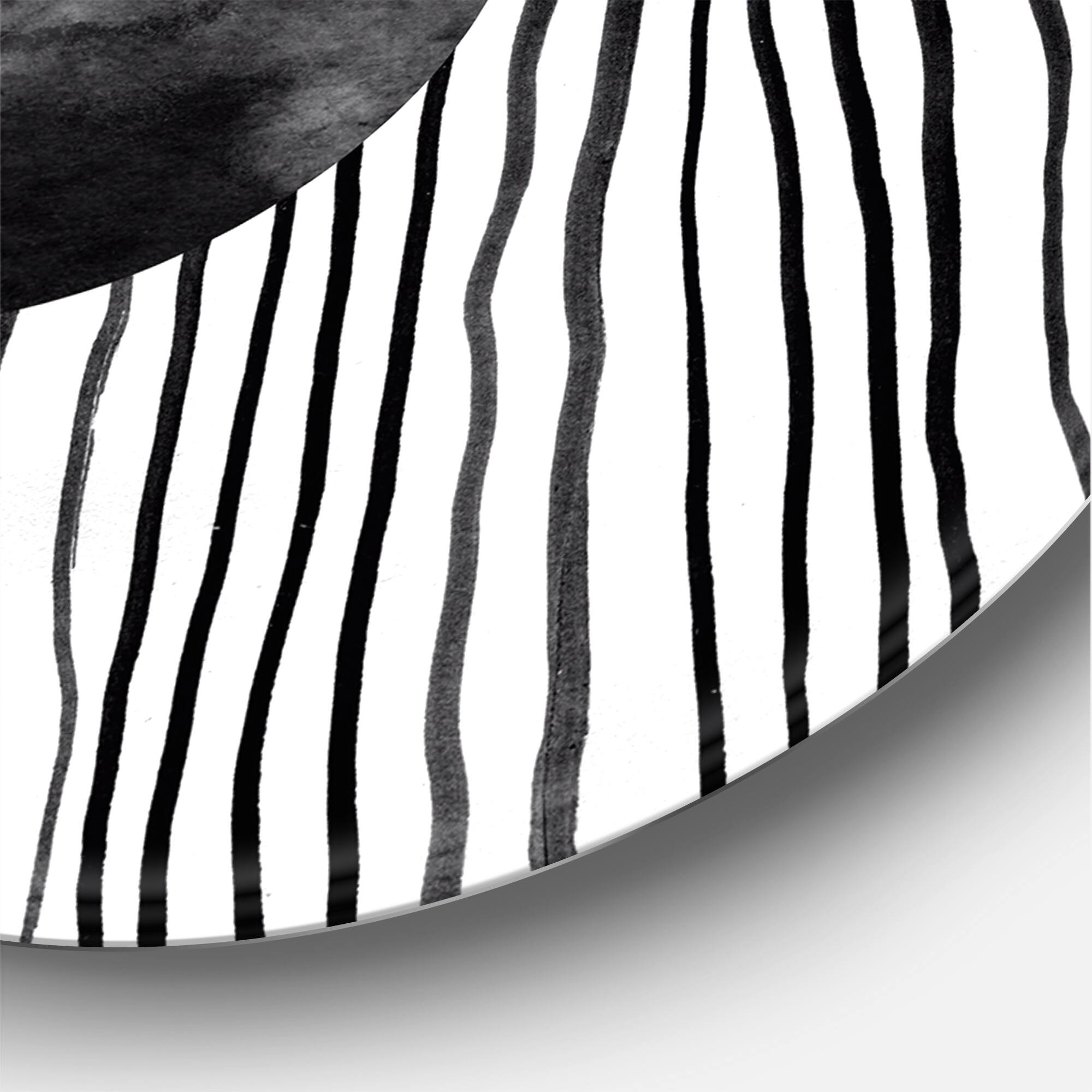 Designart - Black and White Tropical Leaf On Striped I - Modern Metal Circle Wall Art