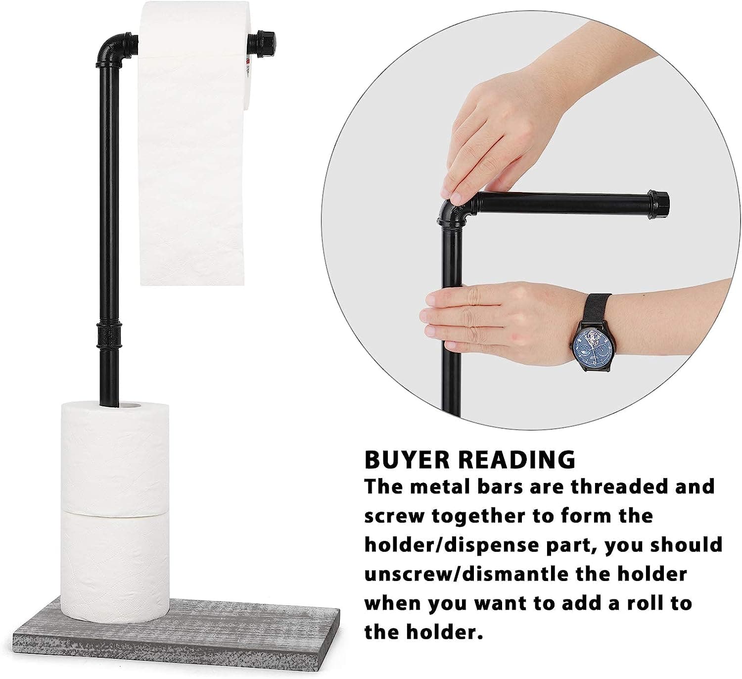 NEX™ Freestanding Iron Pipe Toilet Paper Holder with Solid Wood Base
