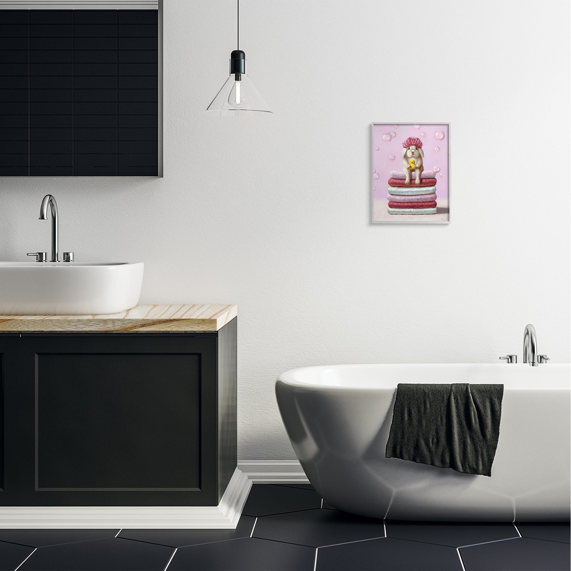 Stupell Industries Cute Baby Rabbit on Bath Towels Soap Bubbles in Gray Frame Wall Art
