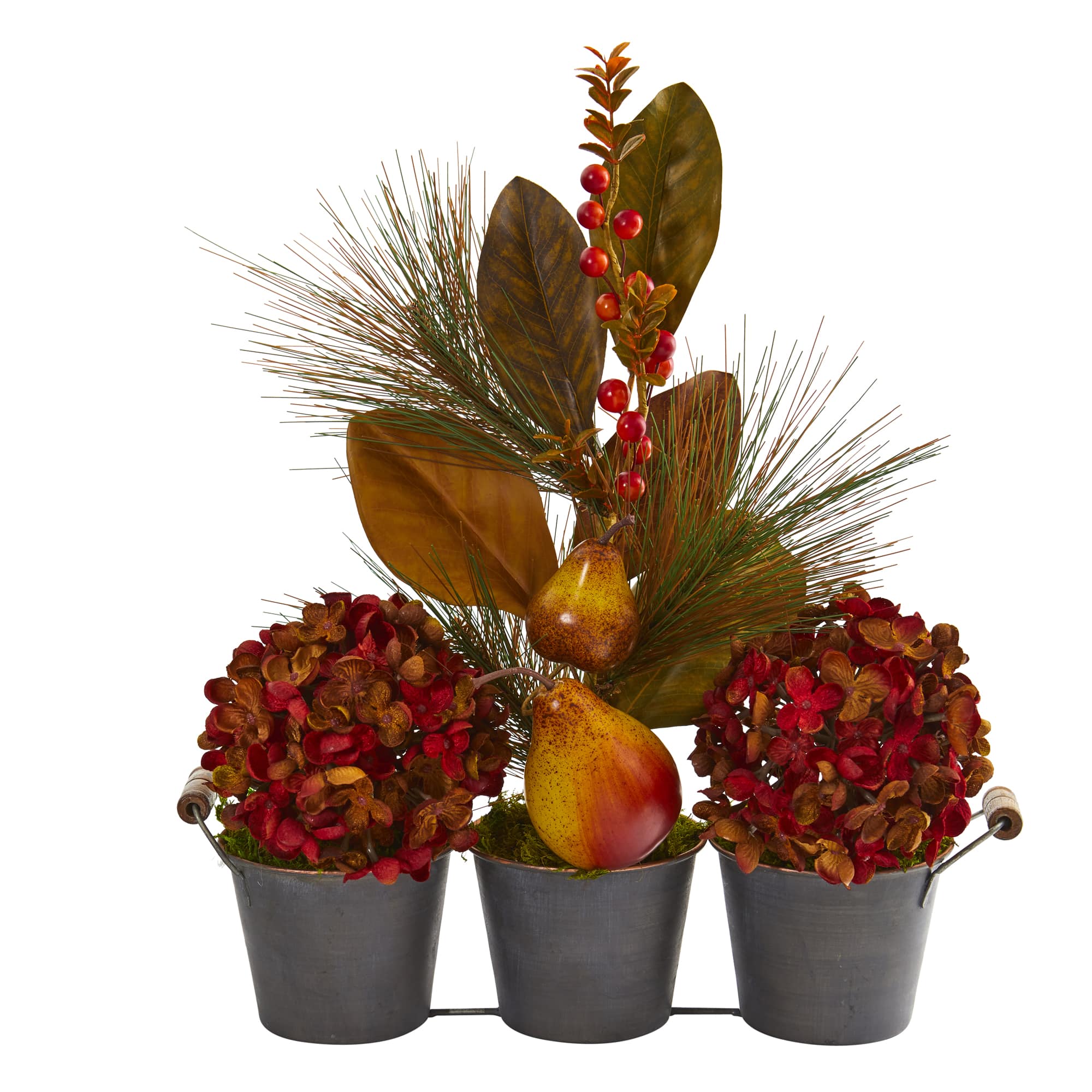 17" Hydrangea, Pears, & Magnolia Leaf Arrangement in Metal Planters