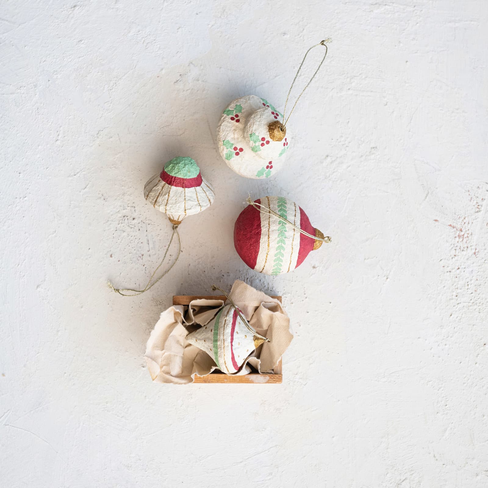 Hello Honey® 3.5" Handmade Paper Mache Ornament Set with Metallic Gold Details