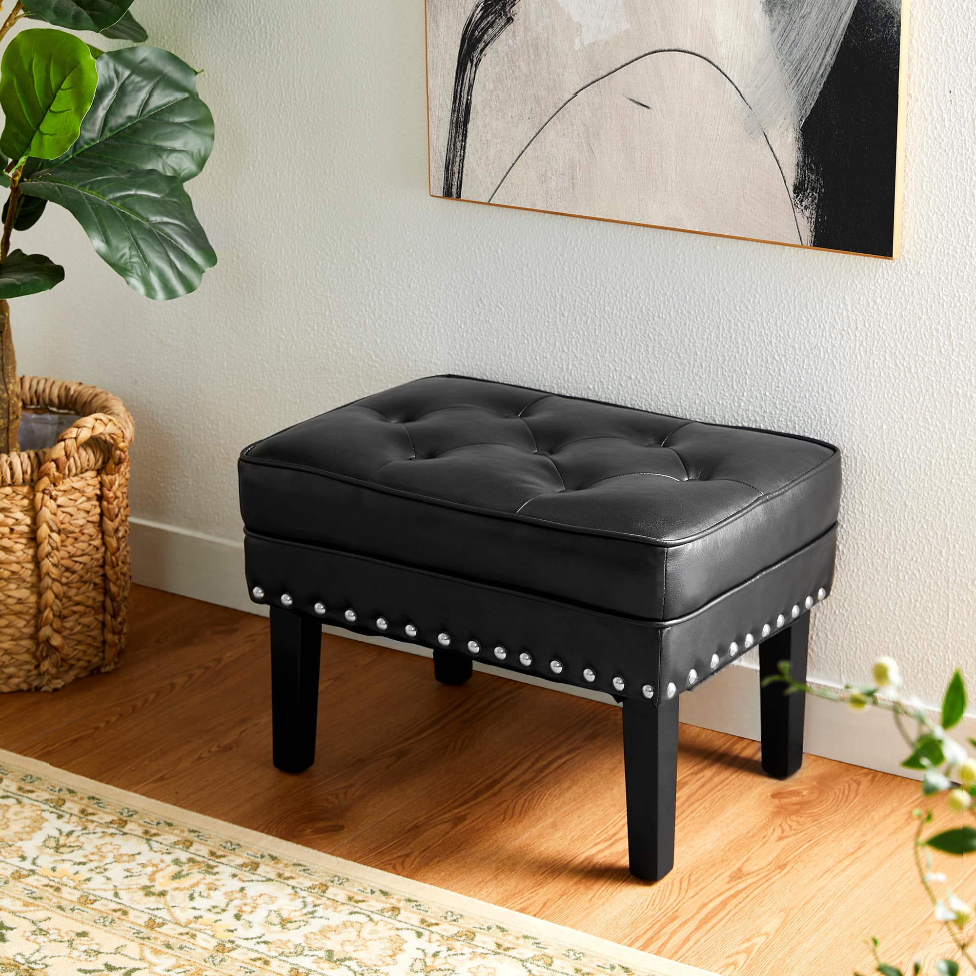 Glitzhome® Mid-Century Modern Leatherette Button-Tufted Accent Stool