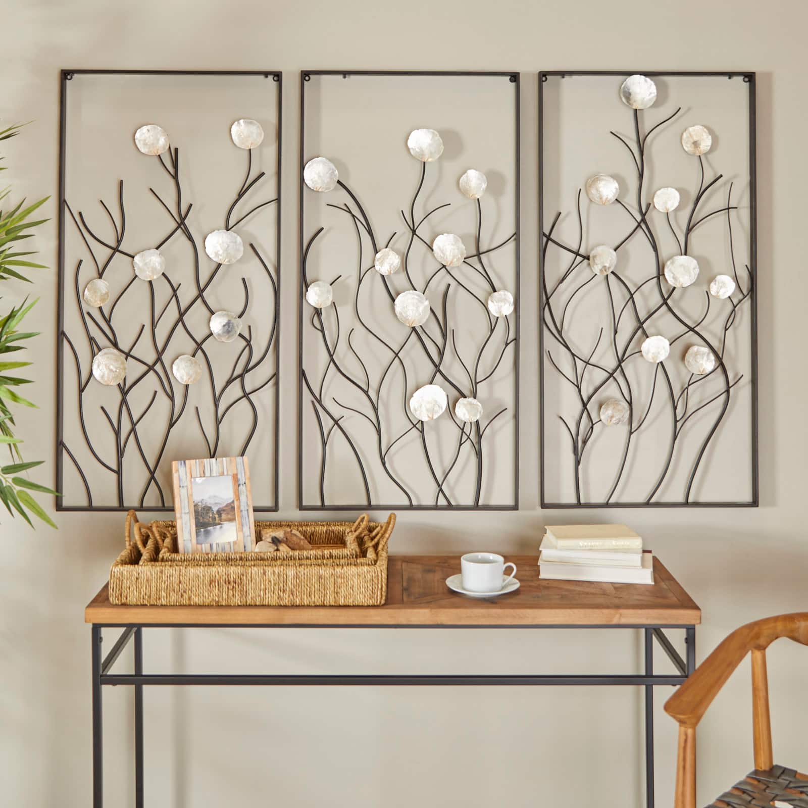 Black Metal Floral Wall Decor with Capiz Accents Set of 3 20", 40"