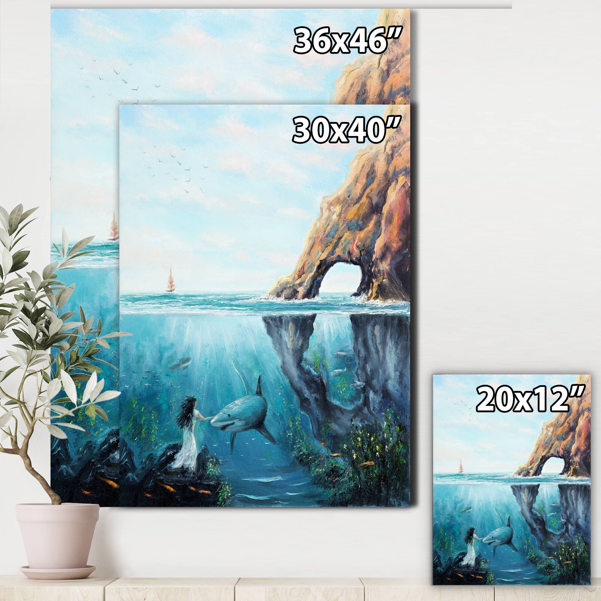 Designart - Underwater Fairy And Shark Ocean And MountaIn World - Nautical & Coastal Canvas Wall Art Print