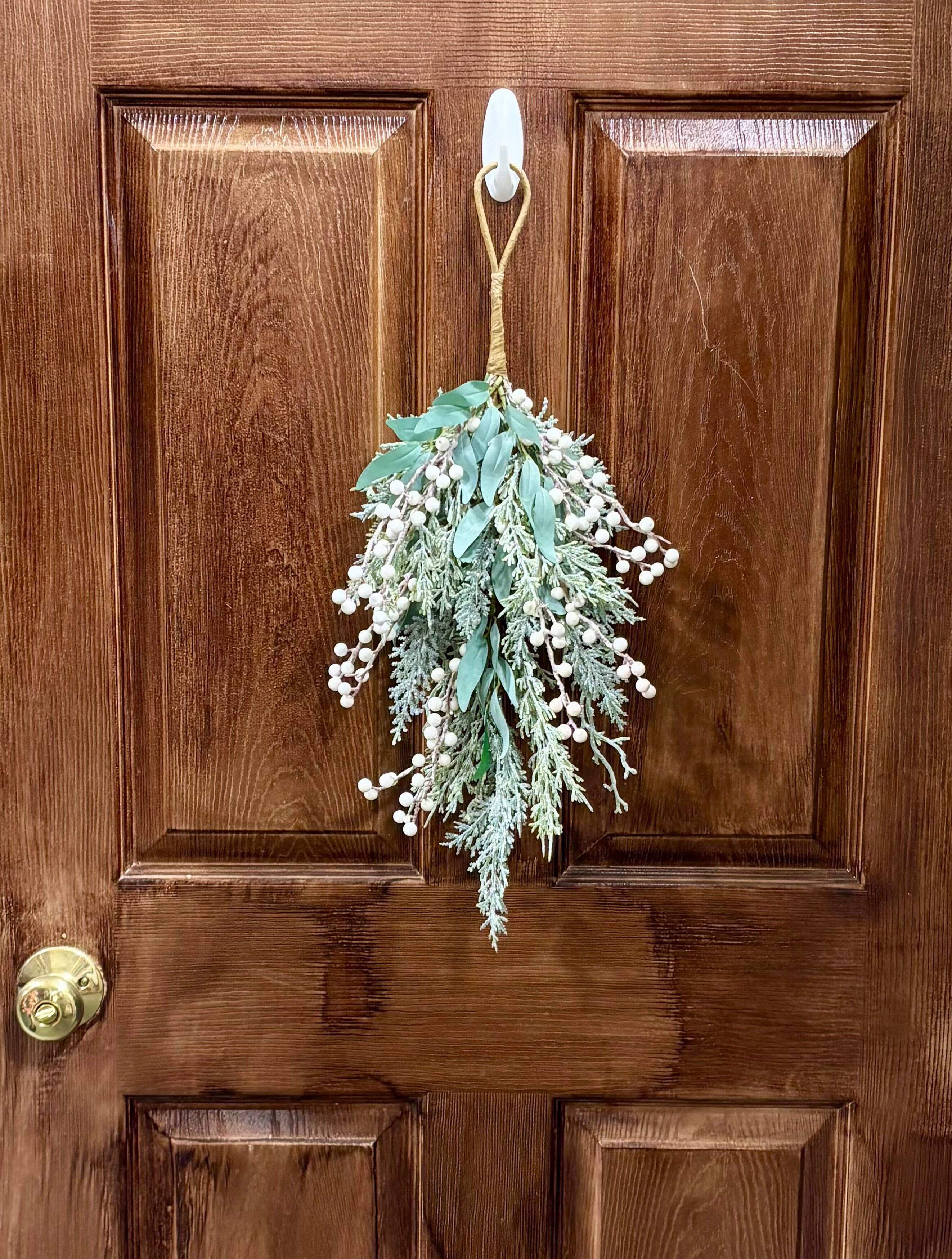 24" Green Artificial Christmas White Berry & Leaf Teardrop Swag