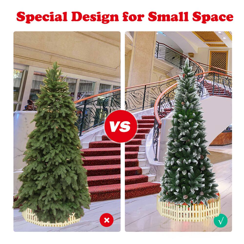 Costway 7.5ft. Snow Flocked Pencil Hinged Christmas Tree with Pinecones