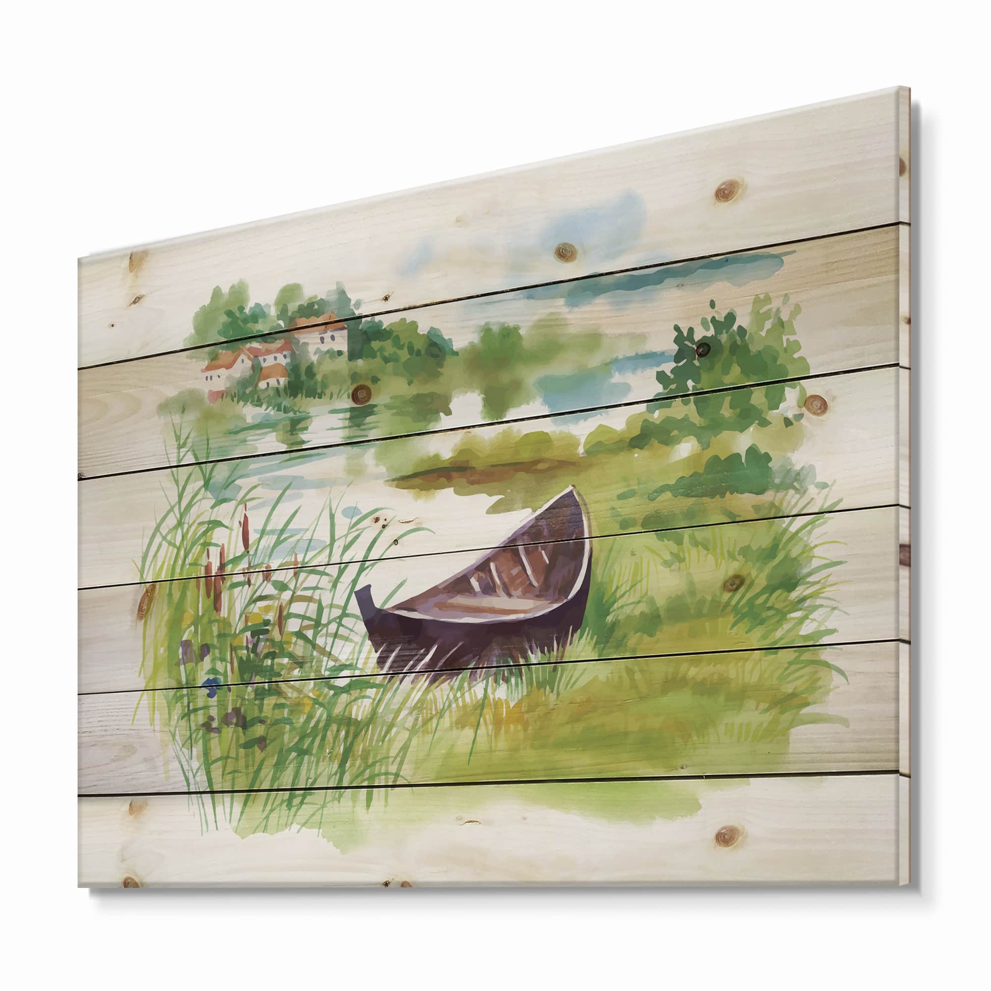 Designart - Rural Green Landscape With Boat - Lake House Print on Natural Pine Wood