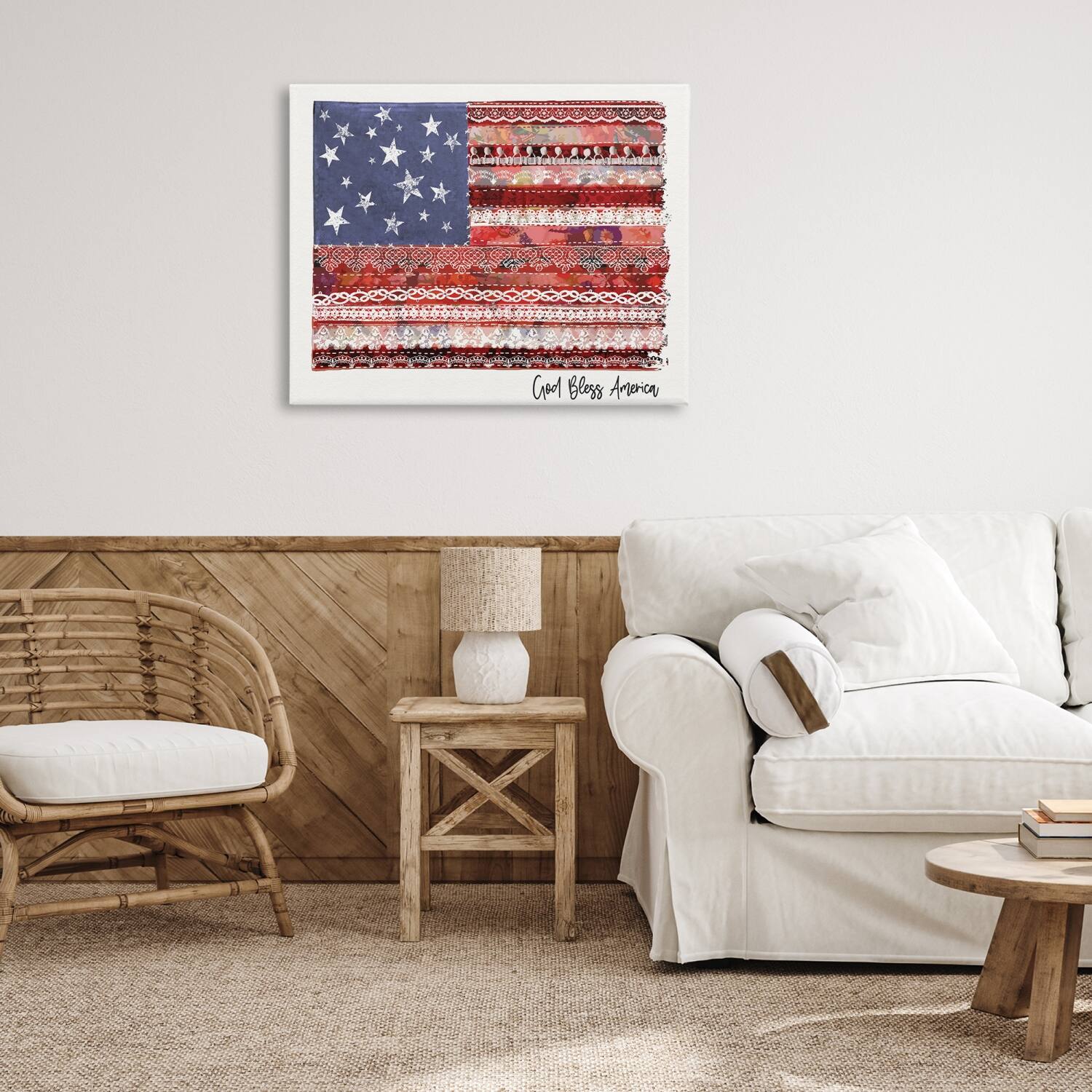 Stupell Industries God Bless America Phrase Macrame Pattern Flag Canvas Wall Art