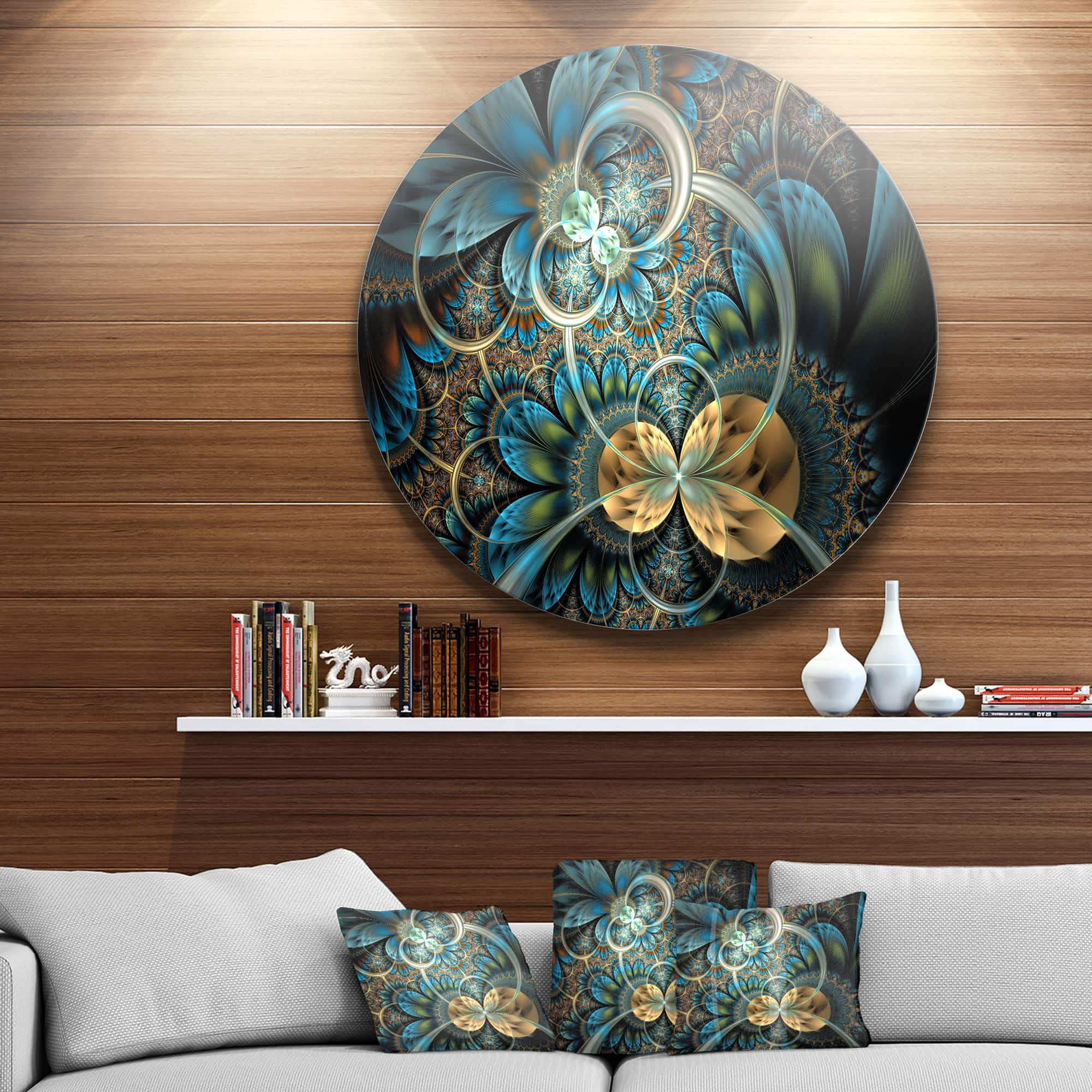 Designart Contemporary Symmetrical Blue & Gold Fractal Flower Large Metal Wall Art Disc
