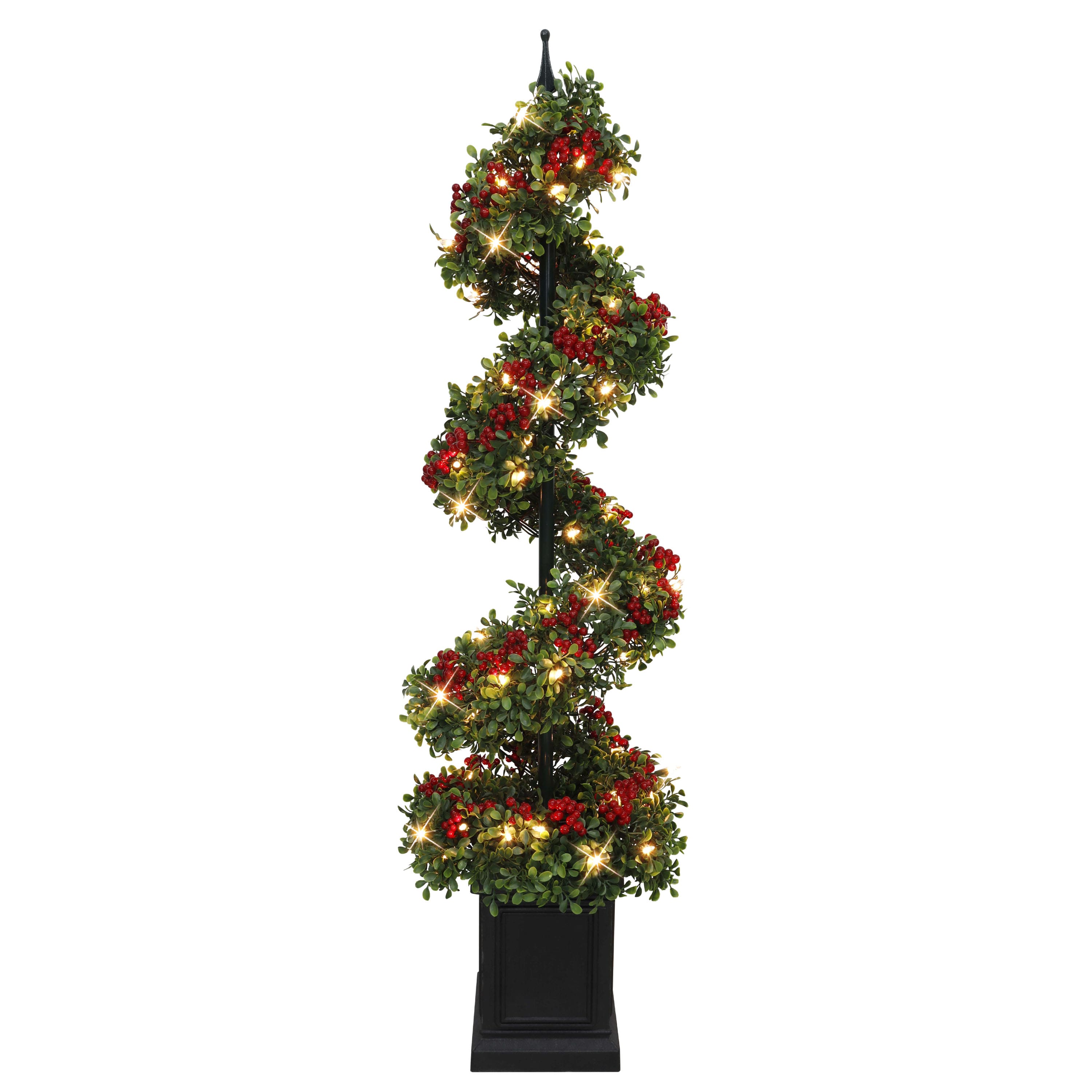 4ft. Pre-Lit Artificial Potted Swirl Tree Adorned with Red Berries, Warm White LED Lights