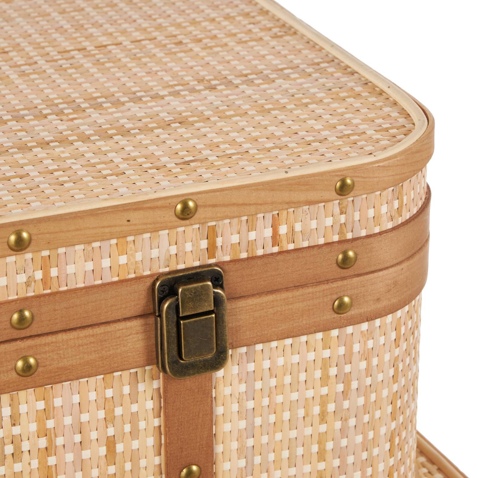 Light Brown Rattan Woven Decorative Trunk Set with Brass Metal Latches & Brown Wooden Accents