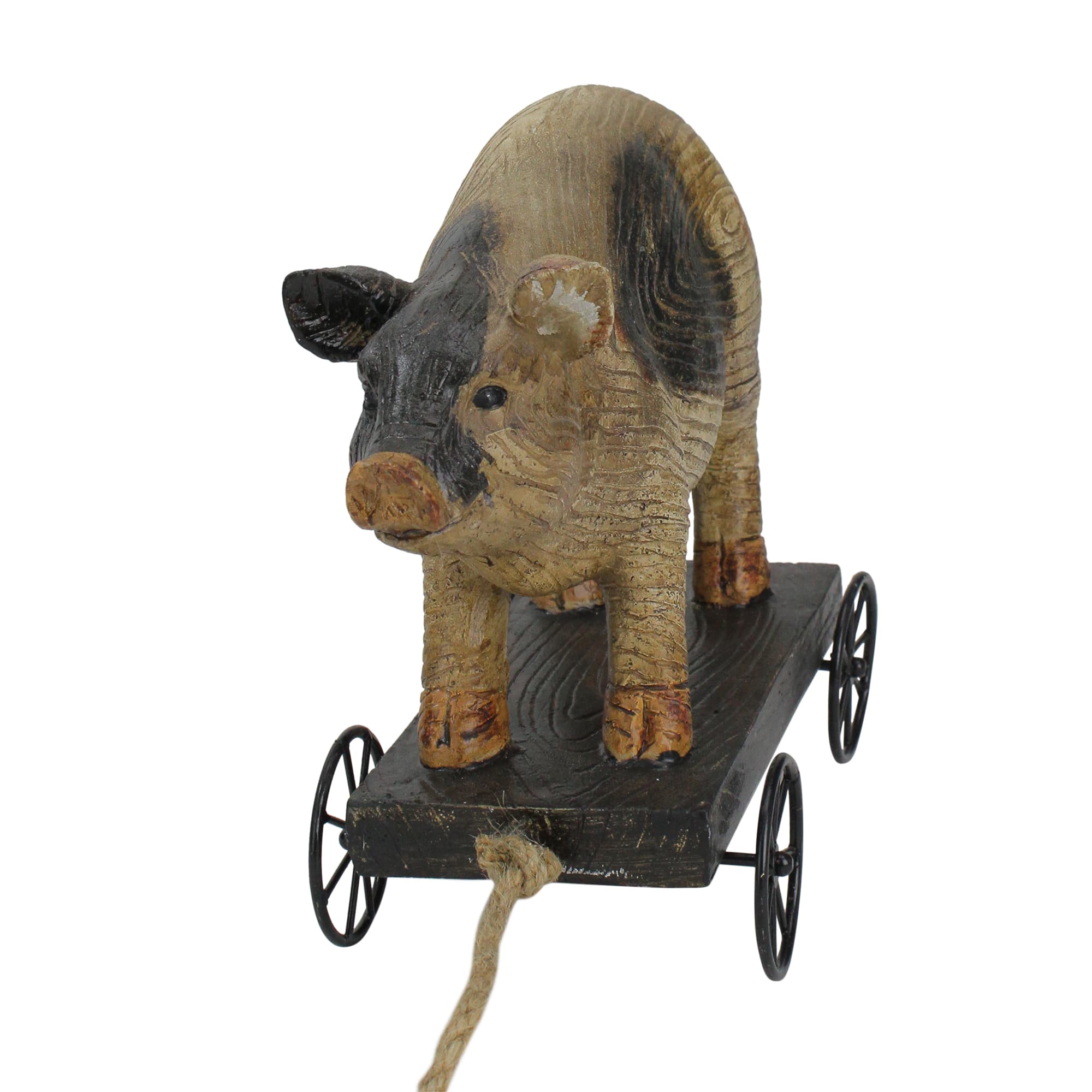 10" Black & White Wood Textured Pig on Cart Garden Statue