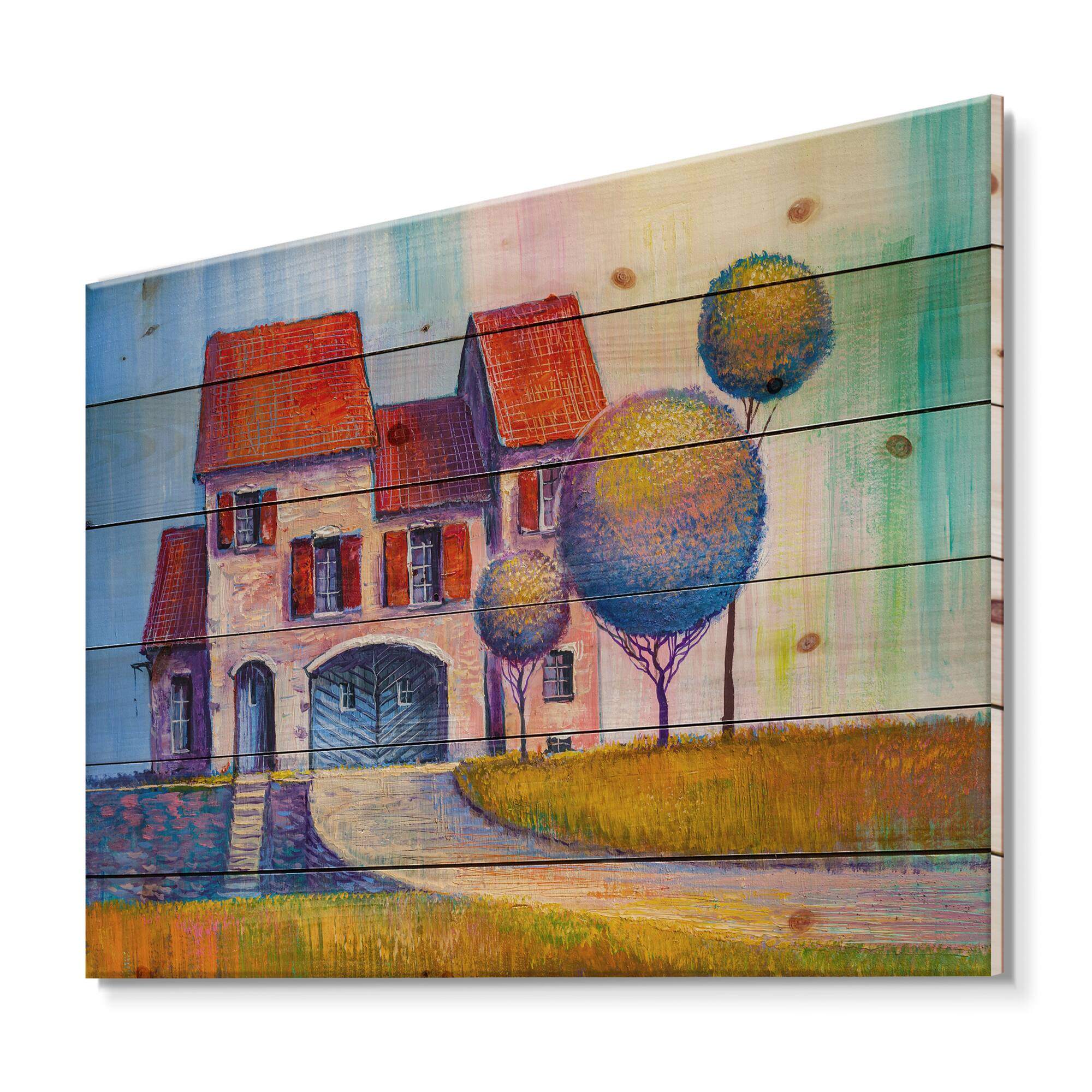 Designart - House With Red Roof In The Village - Modern Print on Natural Pine Wood