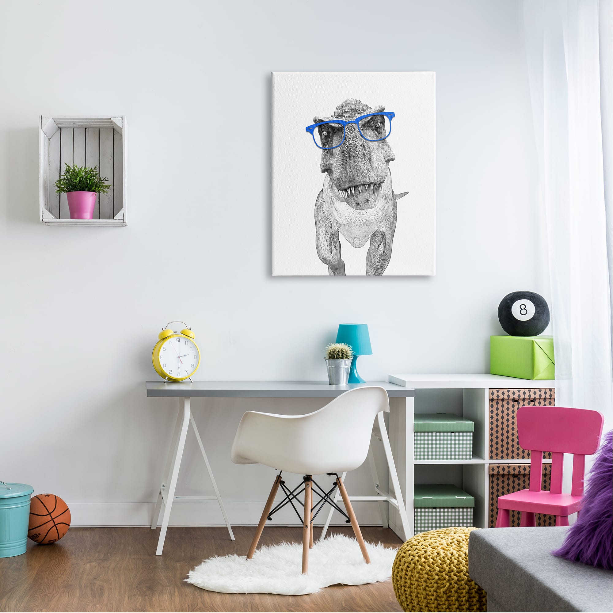 Stupell Industries Adorable T-Rex Dinosaur Blue Glasses Illustration Canvas Wall Art