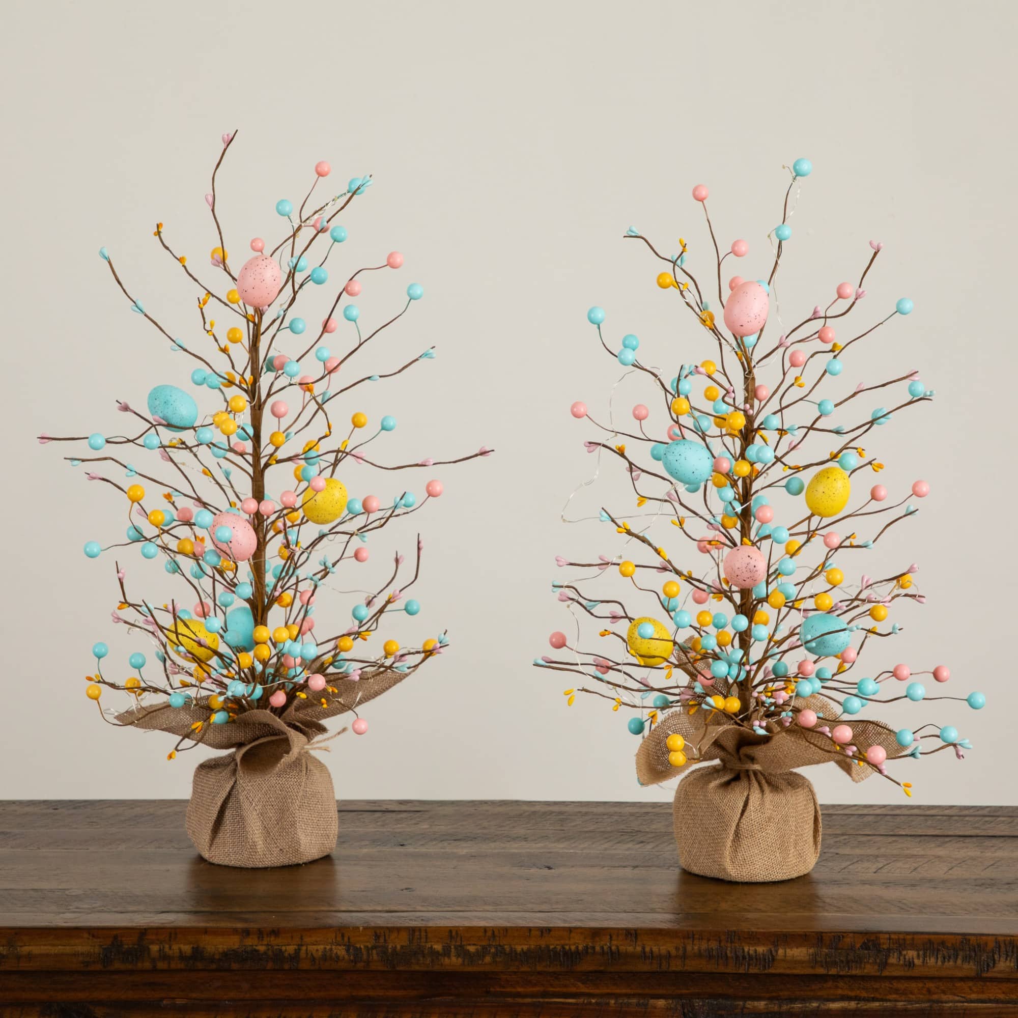 24" Pre-Lit Artificial Easter Egg Twig Tree with 30 LED Lights in Burlap Wrapped Base - Set of 2