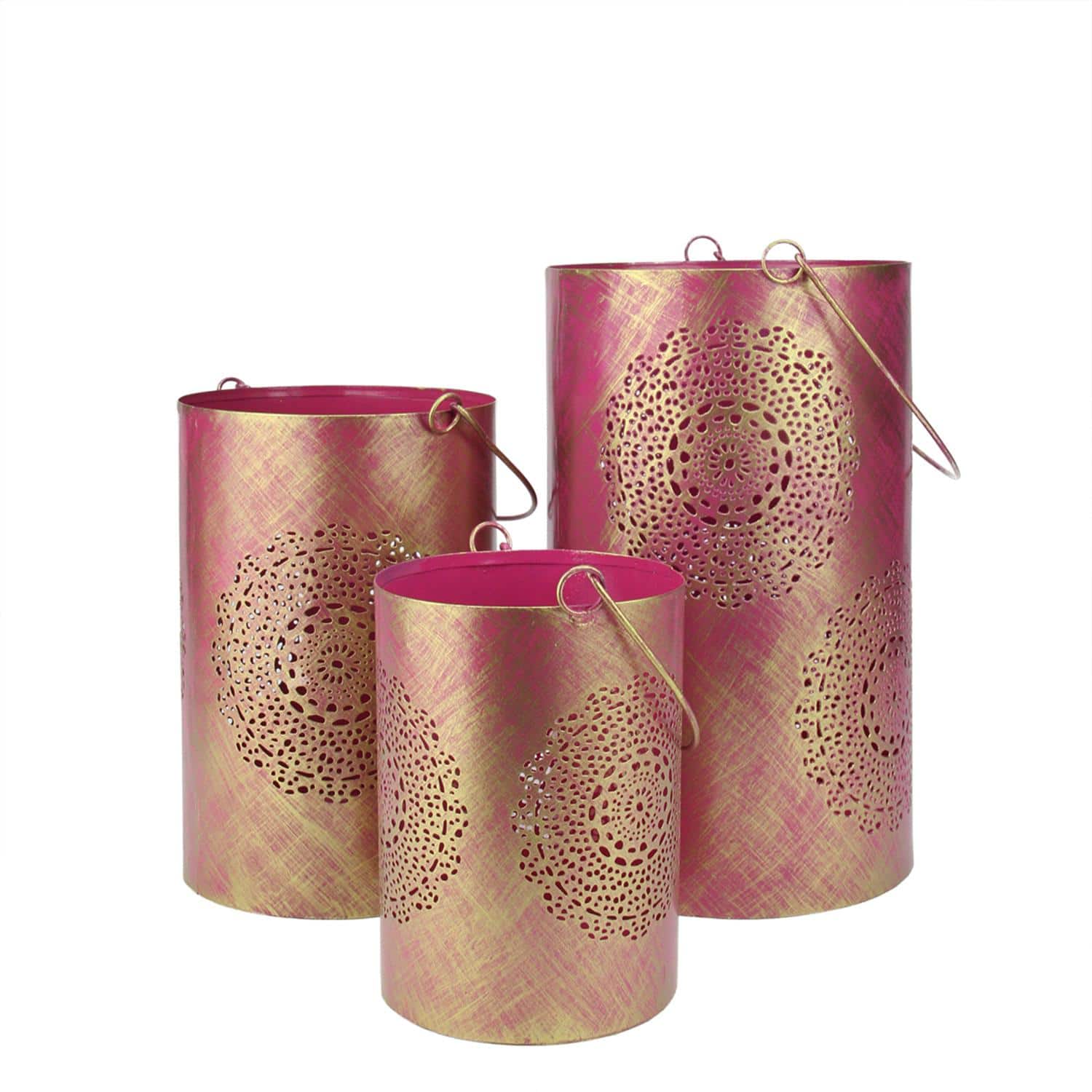 Decorative Floral Cut-Out Pillar Candle Lantern Set