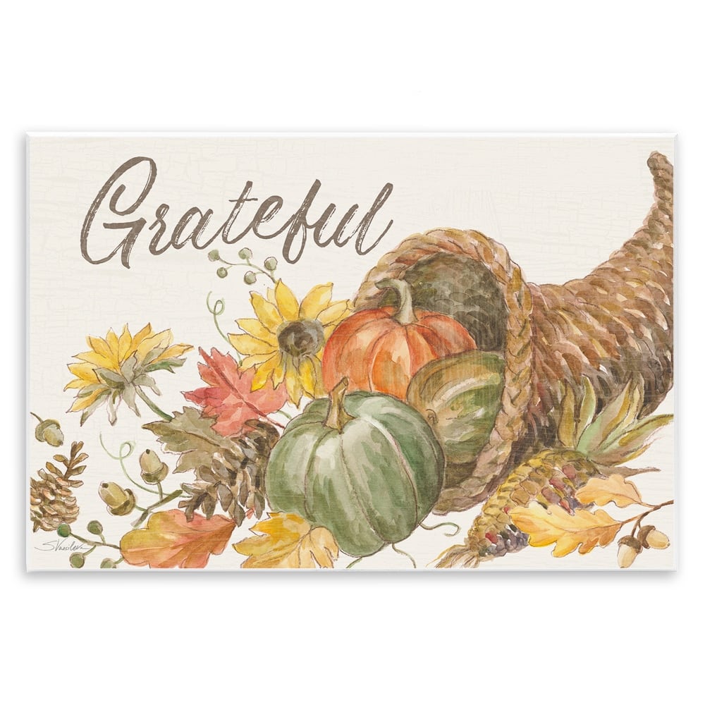 Stupell Industries Grateful Sentiment Autumn Harvest Cornucopia Pumpkins Wall Plaque Art