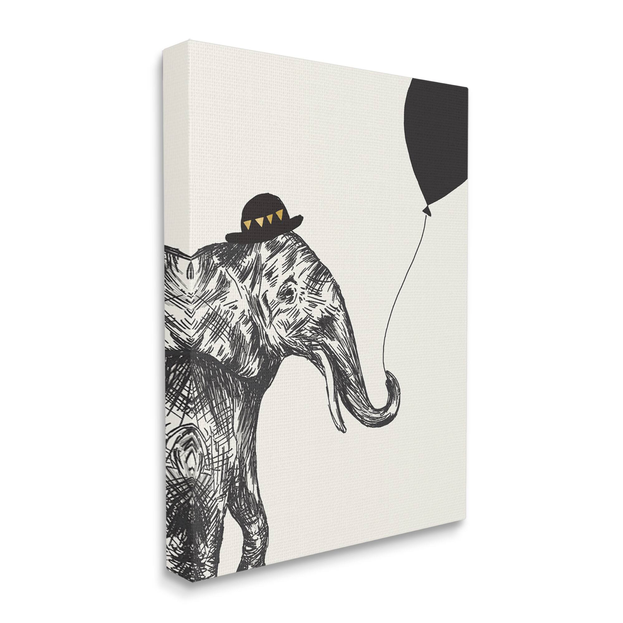 Stupell Industries Elephant with Derby Hat Holding Black Balloon Canvas Wall Art