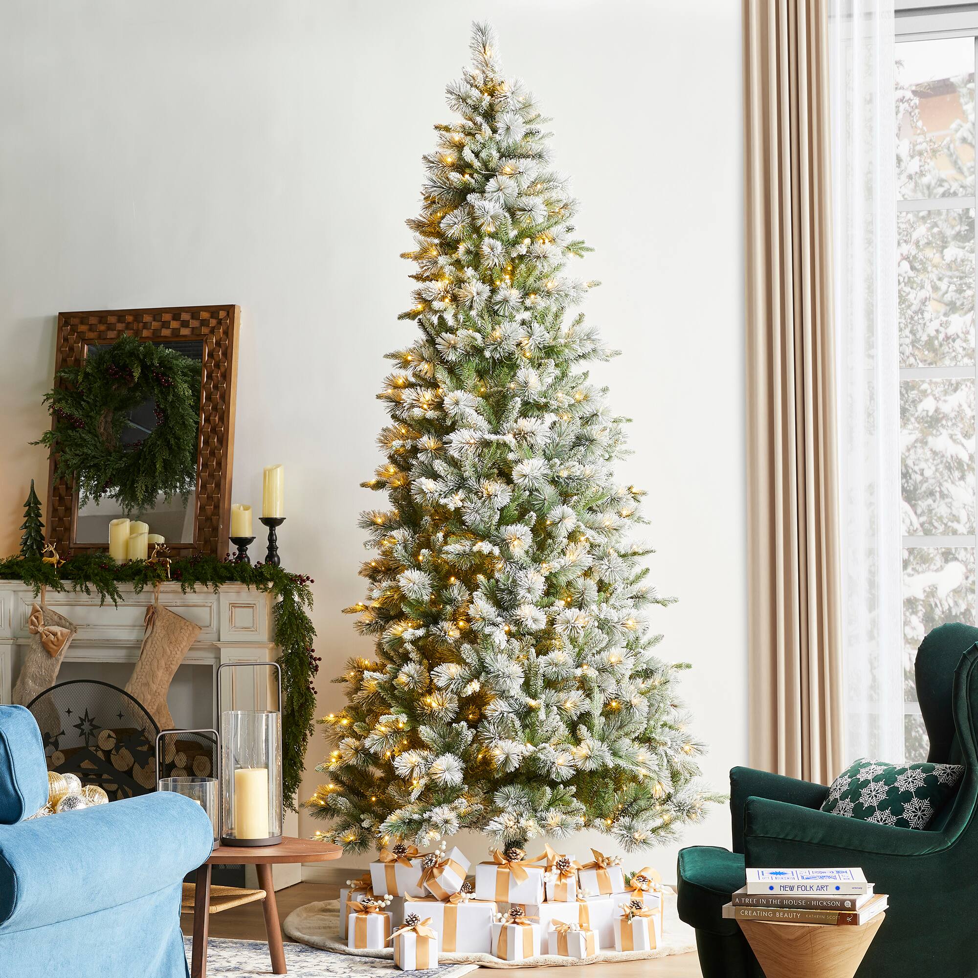 Glitzhome® 9ft Pre-Lit Flocked Slim Pine Artificial Christmas Tree, Warm White LED Lights