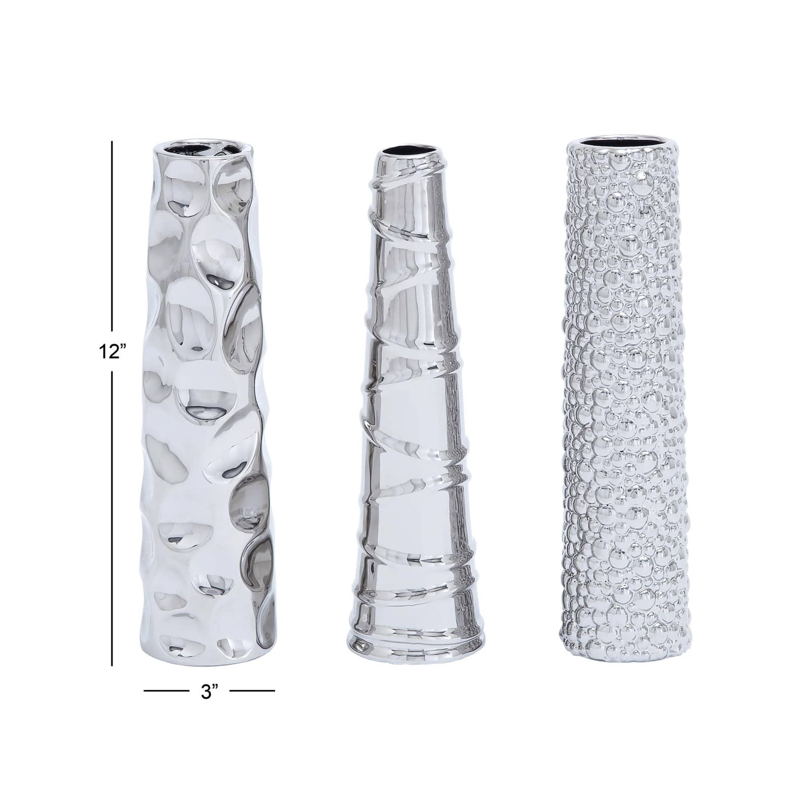 12" Silver Ceramic Abstract Glam Vase Set