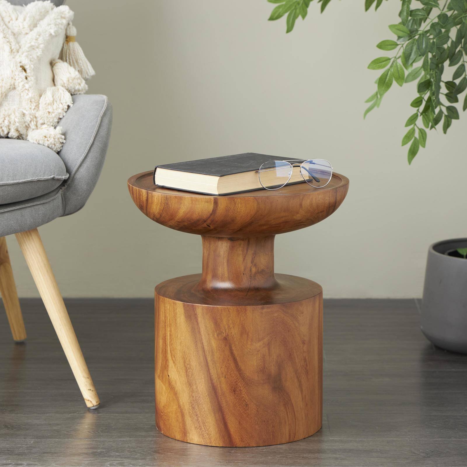 17.75" Brown Wood Handmade Accent Table with Cylinder Block Base