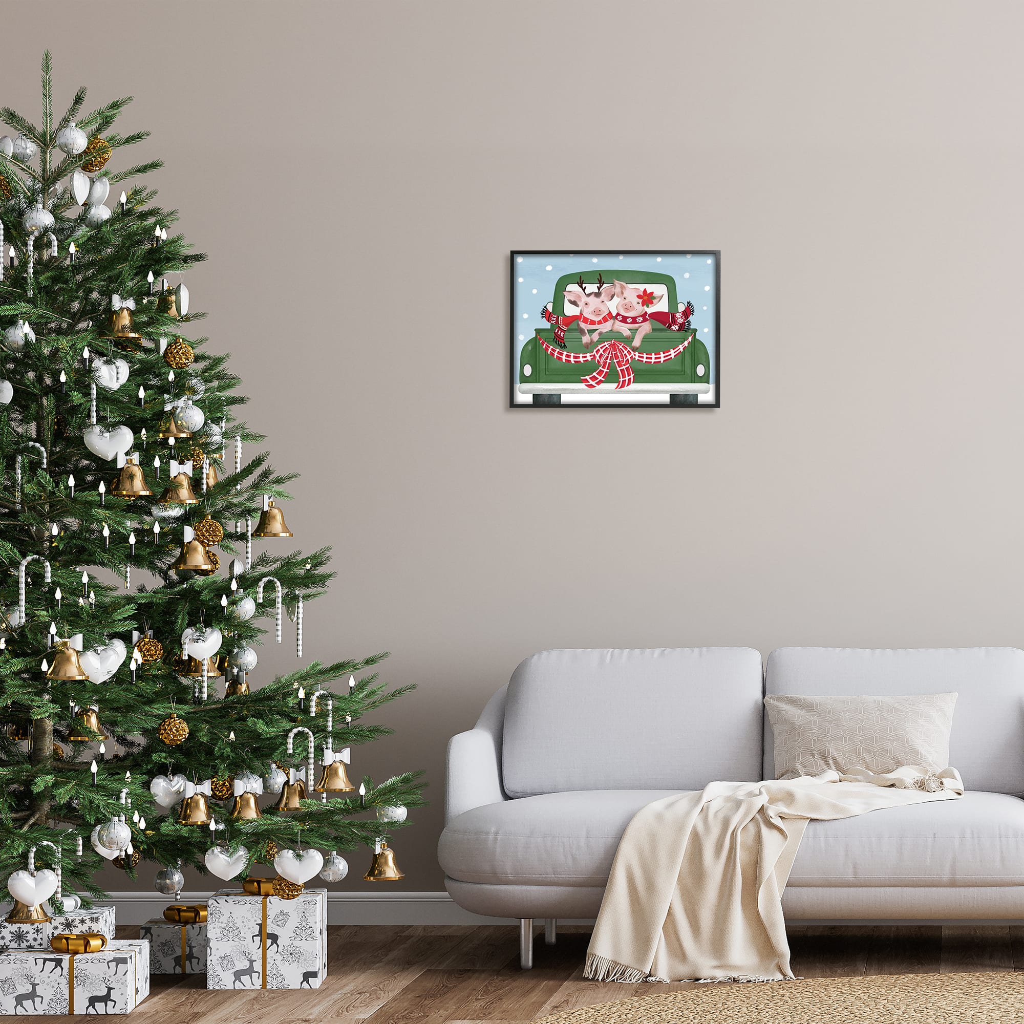 Stupell Industries Farmhouse Pigs Green Holiday Truck Framed Giclee Art