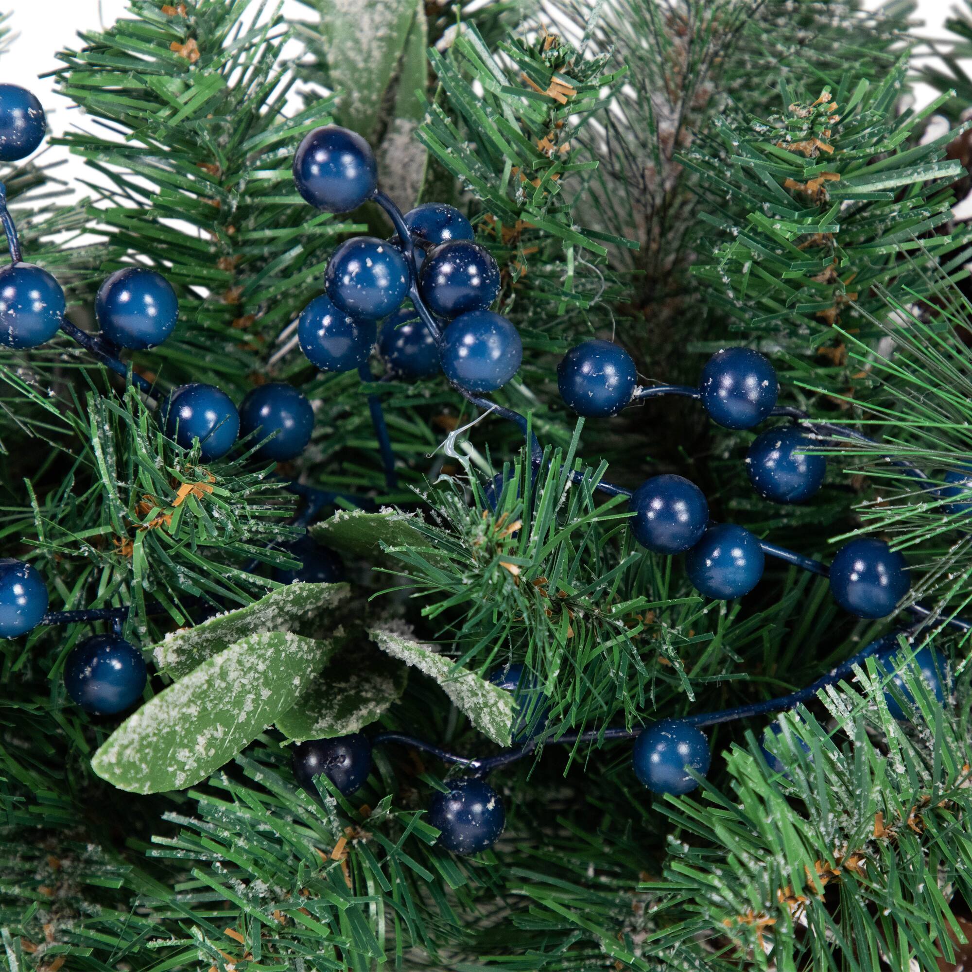 28" Unlit Mixed Pine, Blueberries & Snowy Pine Cones Teardrop Swag