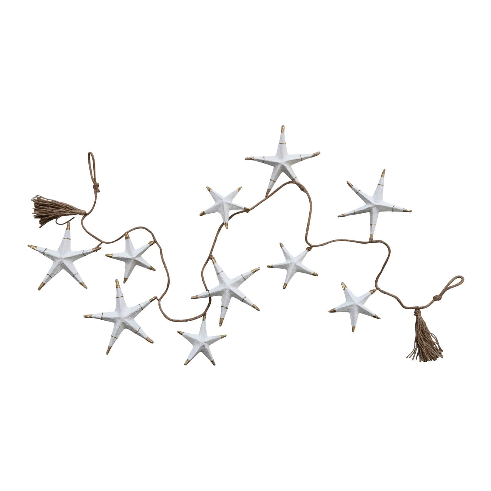 Hello Honey® 6ft. White Hand-Painted Recycled Paper Mache Stars with Gold Foil & Tassels Garland