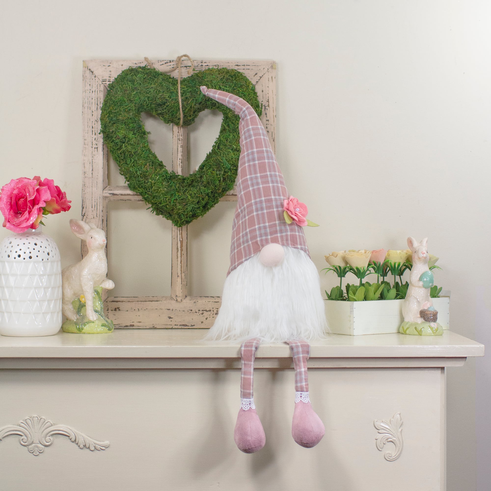 29" Pink & White Plaid Spring Gnome with Dangling Legs Figure