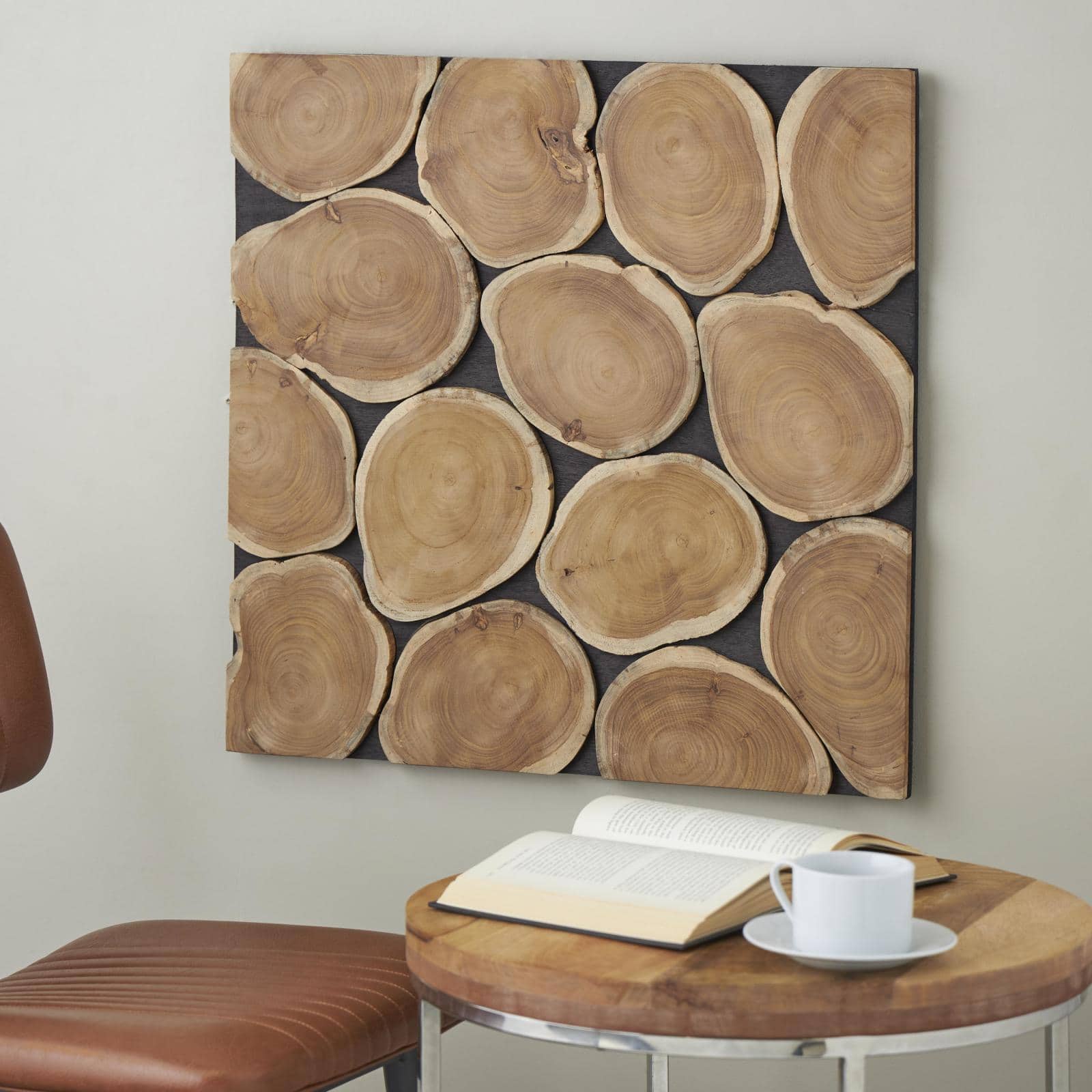 24" x 24" Brown Teak Wood Abstract Handmade Round Mosaic Inspired Wood Slab with Black Backing Wall Décor