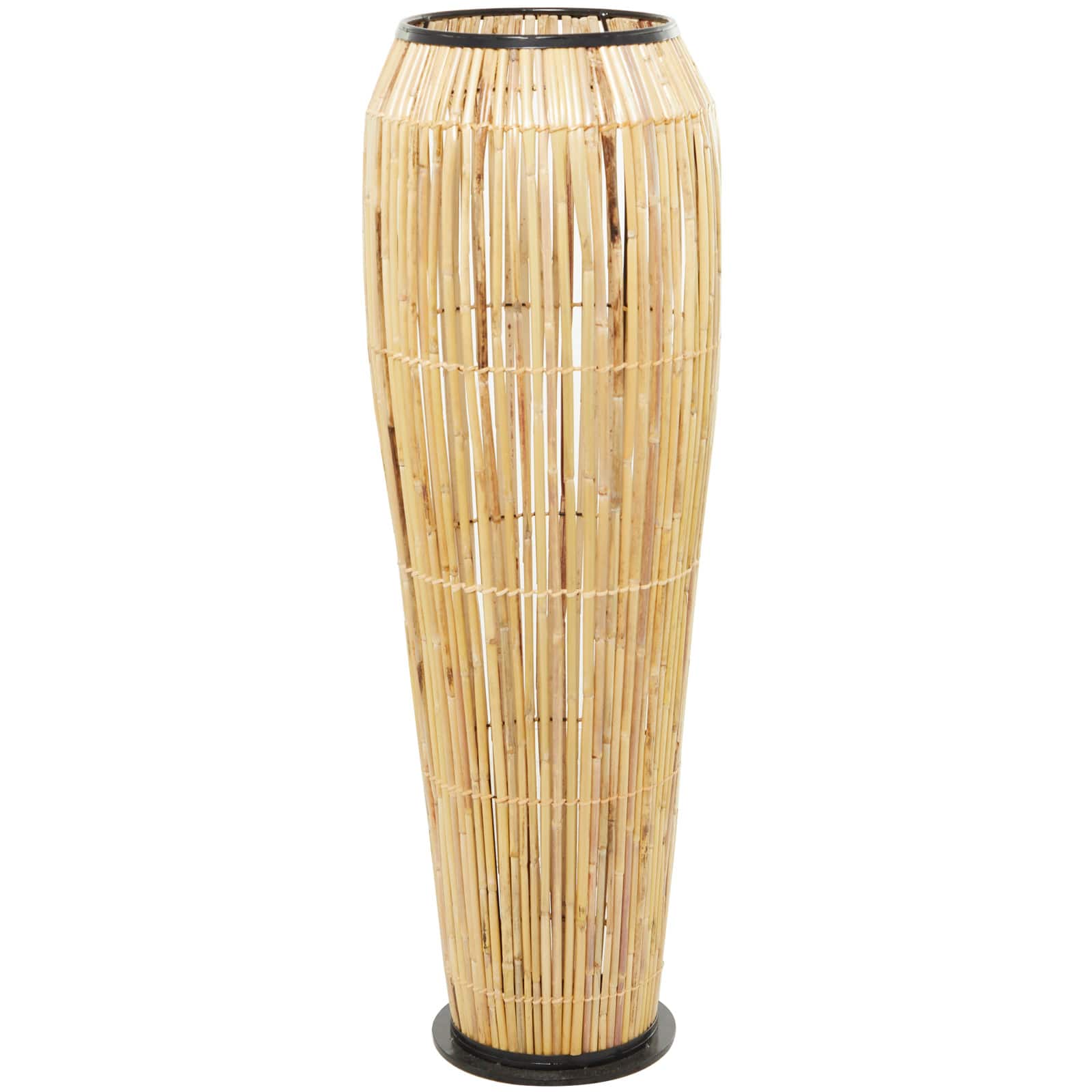 Brown Wicker Handmade Slatted Frame Vase with Black Metal Accents
