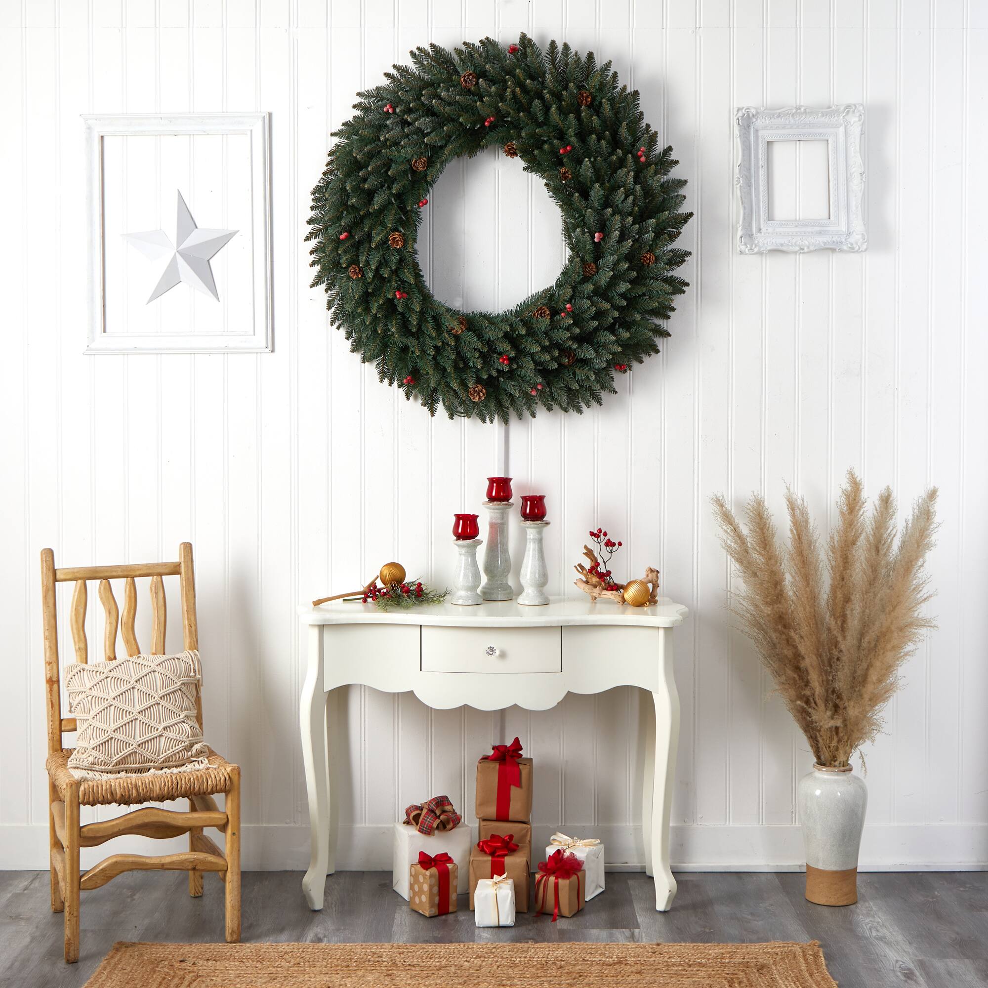 4ft. Clear LED Lights Flocked Artificial Christmas Wreath With Pinecones & Berries