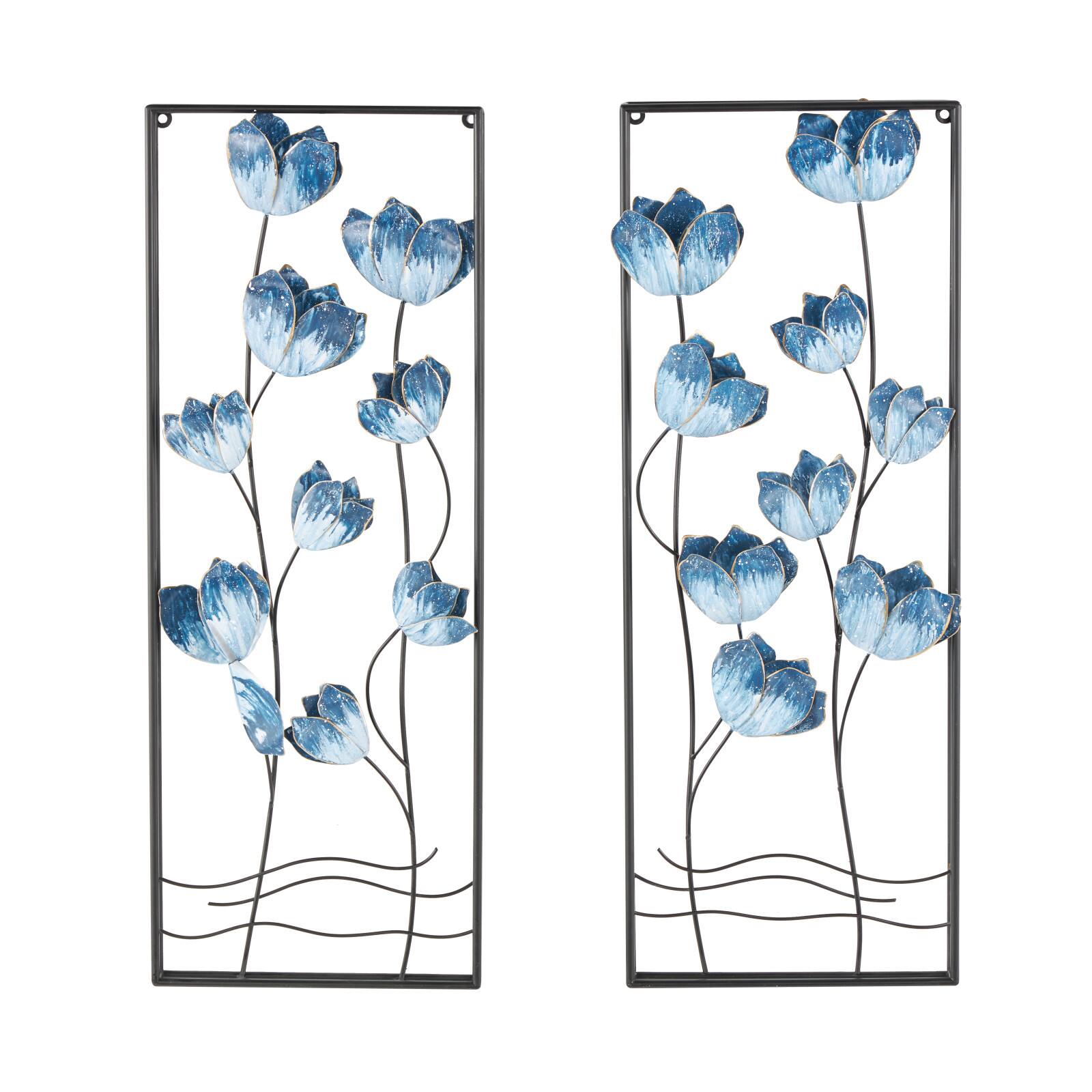 12" x 32" Blue Metal Floral Living Room Wall Décor with Black Metal Stems & Frame, 2ct.