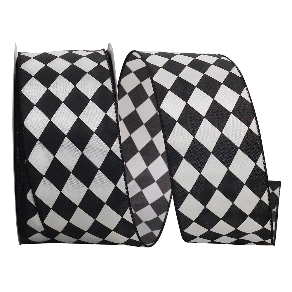 JAM Paper 2.5" x 10yd. Black & White Diamond Dan Wired Ribbon
