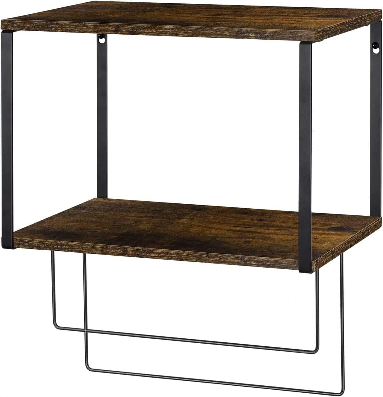 Brown Wood Wall Mount Bathroom 2 Tier Towel Shelf 