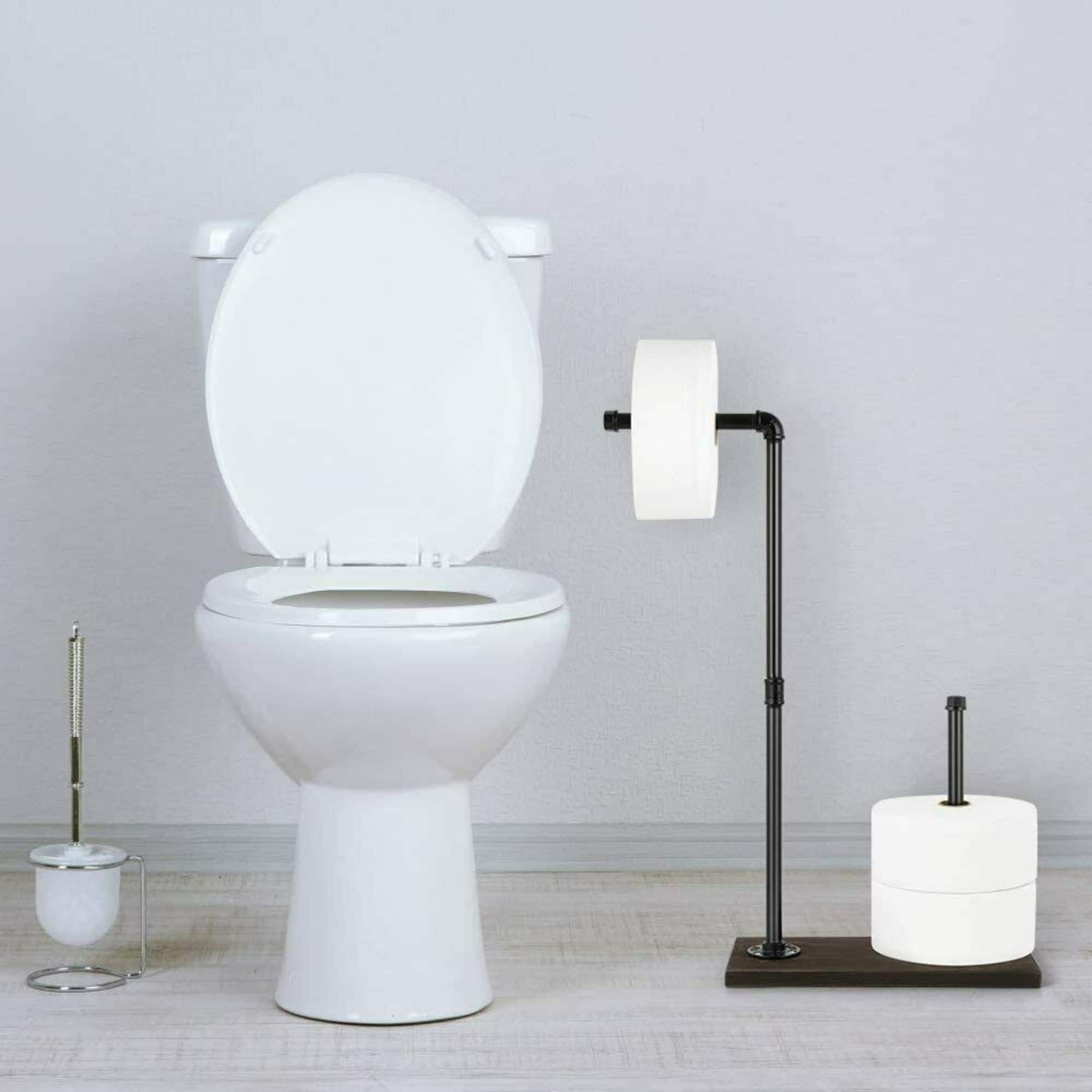 NEX™ 25.5" Iron Black Freestanding Toilet Paper Stand with Rustic Wood Base