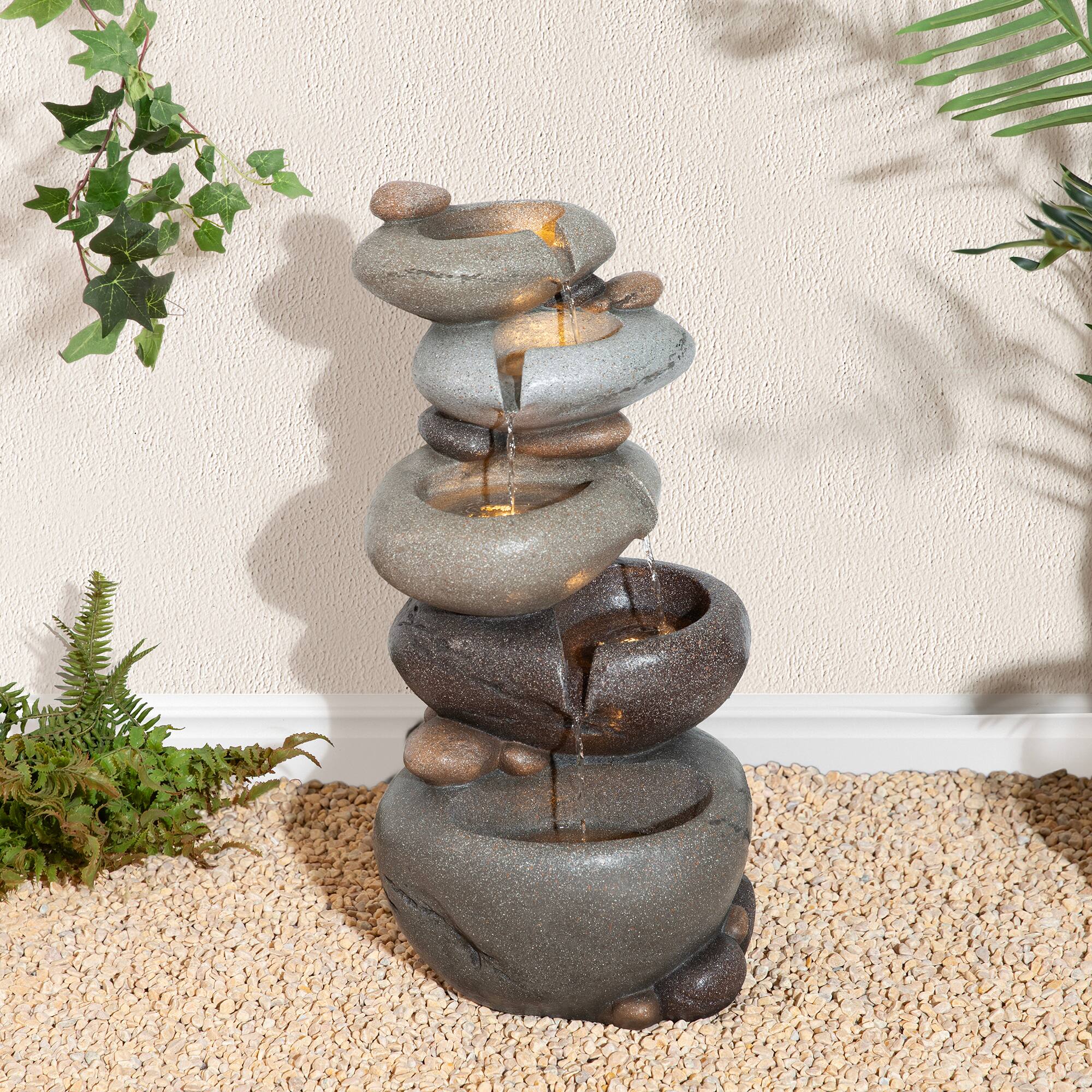 Glitzhome® 24.5" Zen-Style LED 5-Tier Stacked Pebbles Polyresin Outdoor Fountain